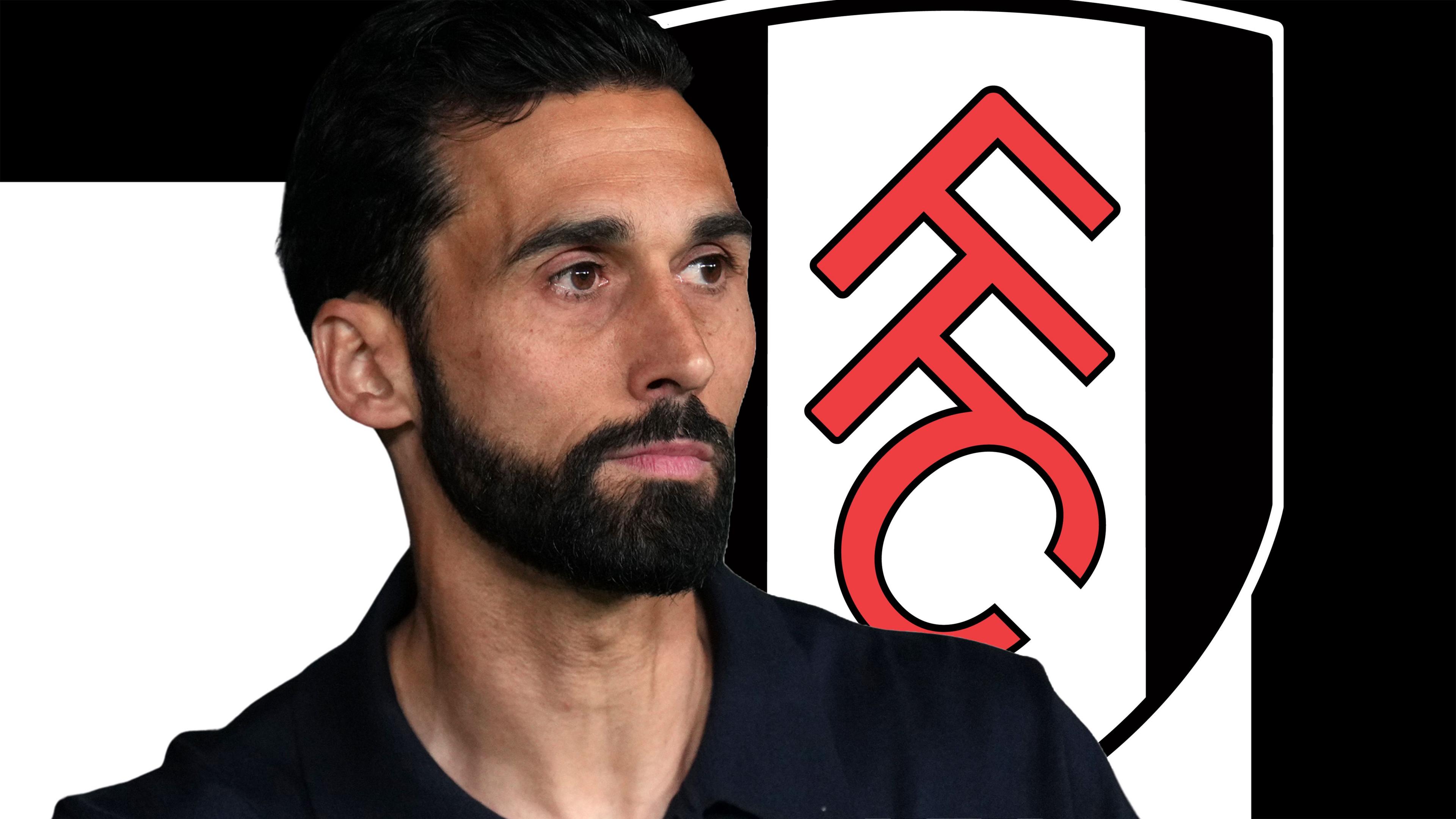 A graphic of Alvaro Arbeloa against a black and white background and the Fulham club badge