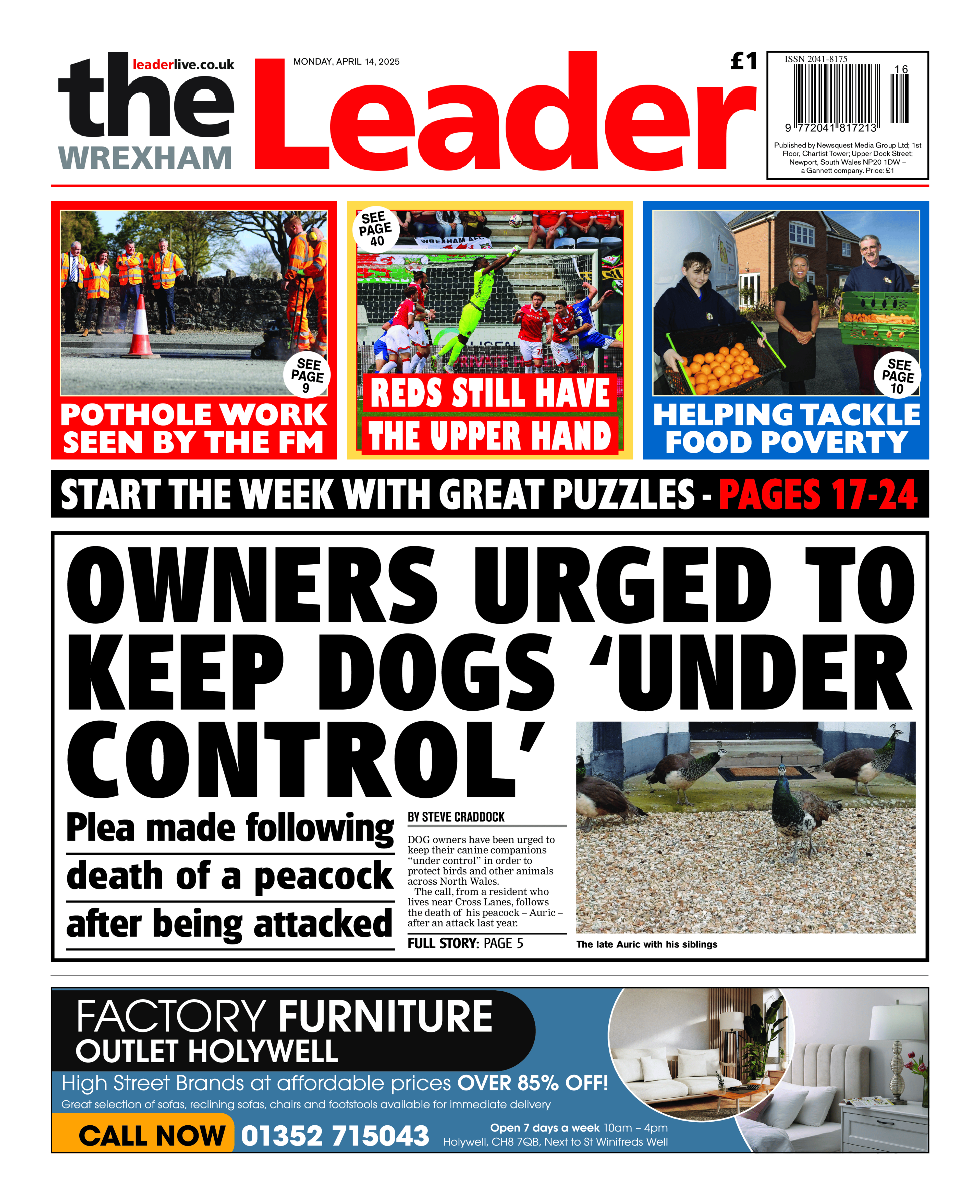 Front page of the Wrexham Leader. Main headline reads: Owners urged to keep dogs 'under control'. Plea made following death of a peacock after being attacked. 