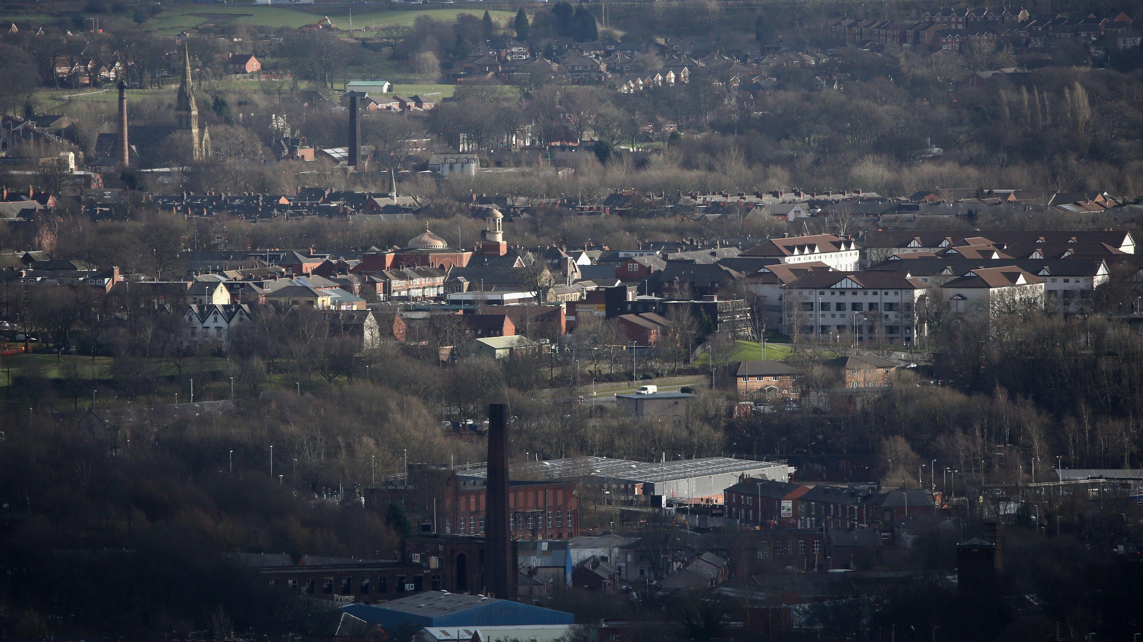 Skyline view of a town with buildings.