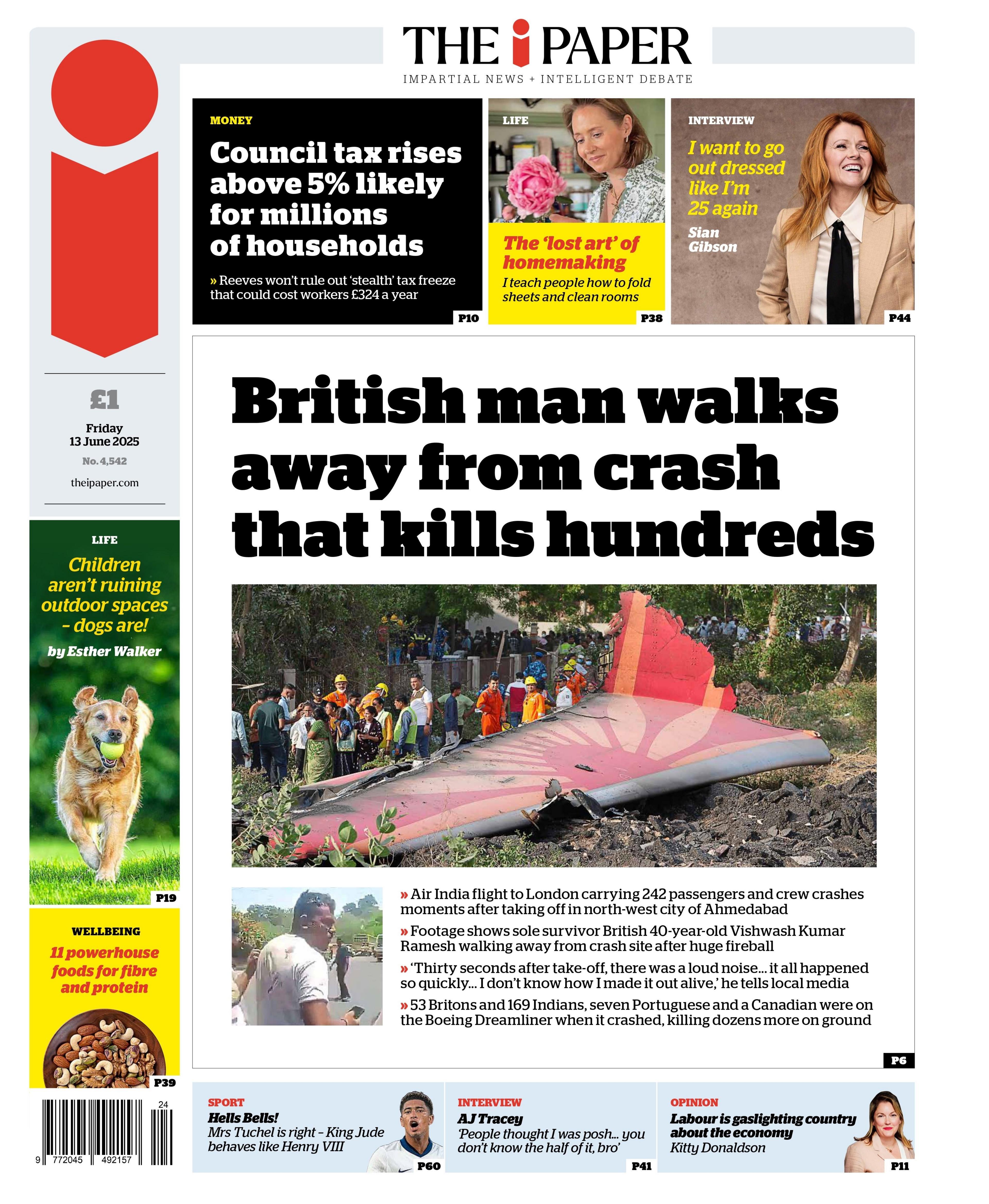 The headline on the front page of the i newspaper reads: "British man walks away from crash that kills hundreds".