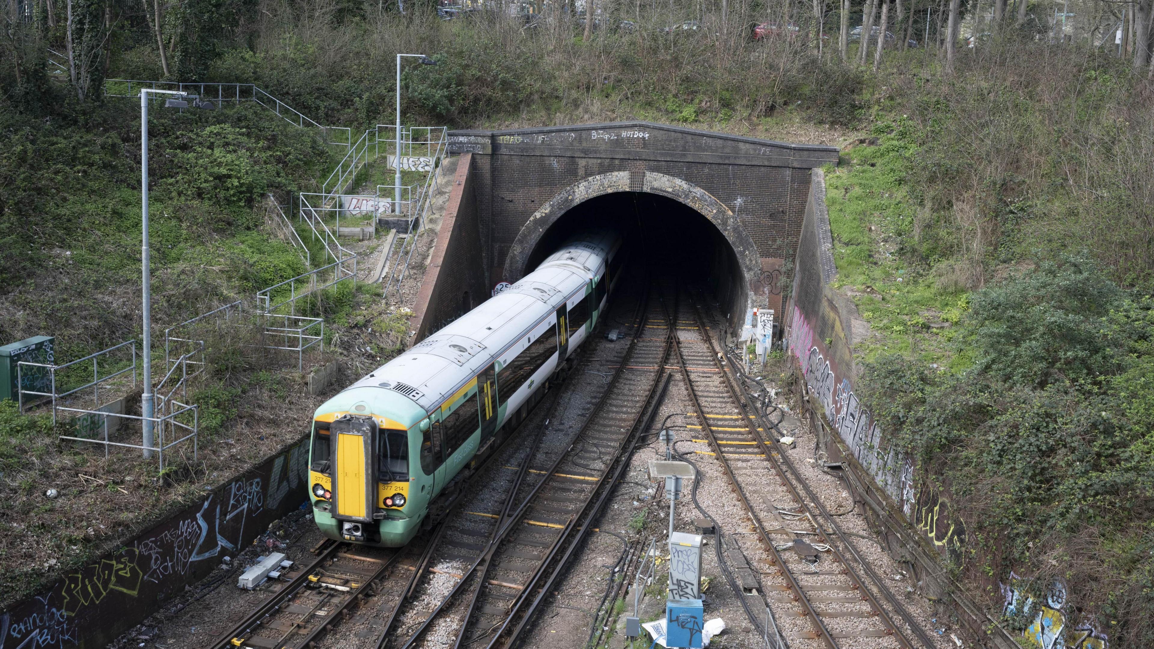 A train passes through the Crystal Palace rail junction. Images shows a brick built tunnel with greenery on either side.