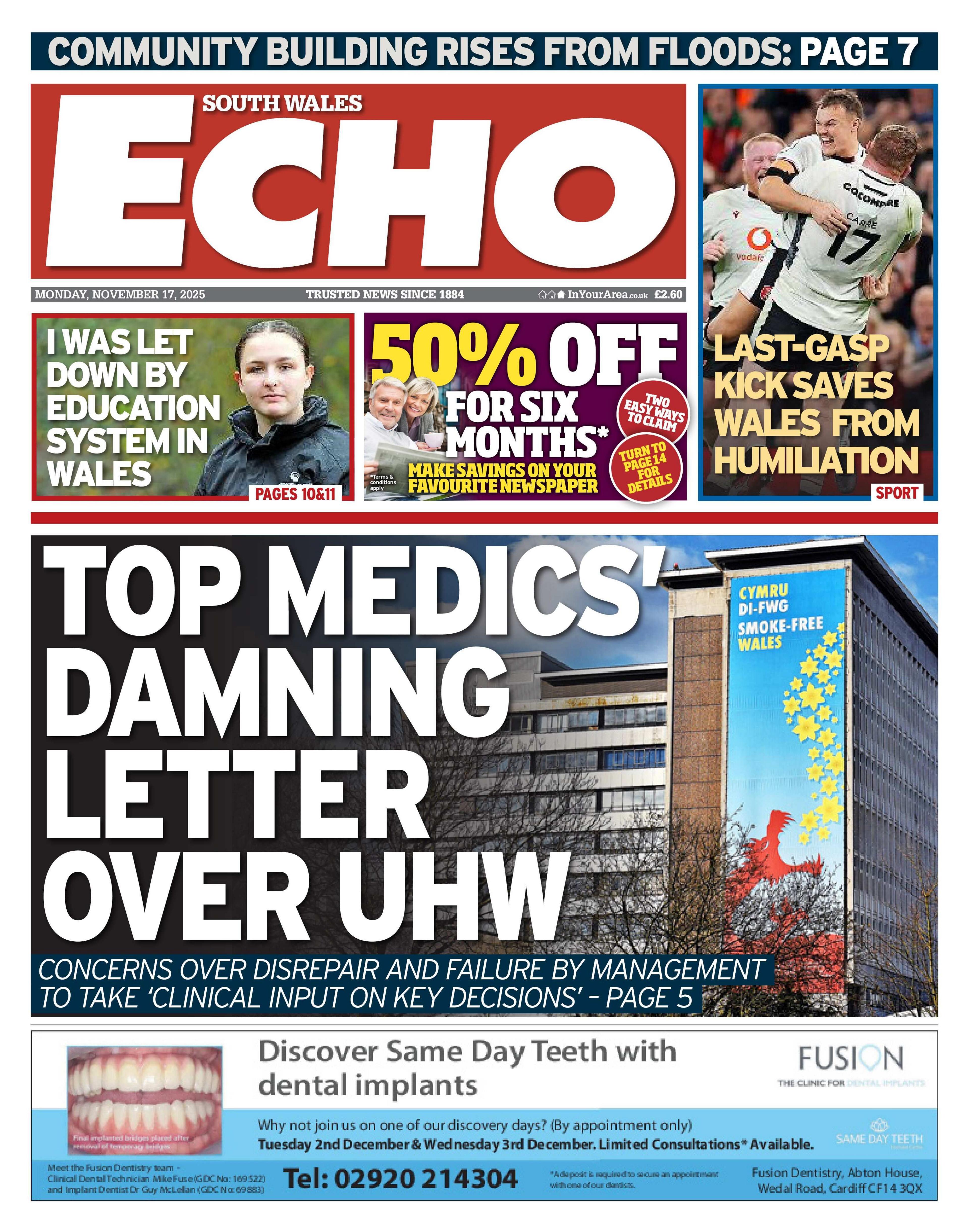 South Wales Echo front page. The headline reads: "Top medics damning letter over UHW" 