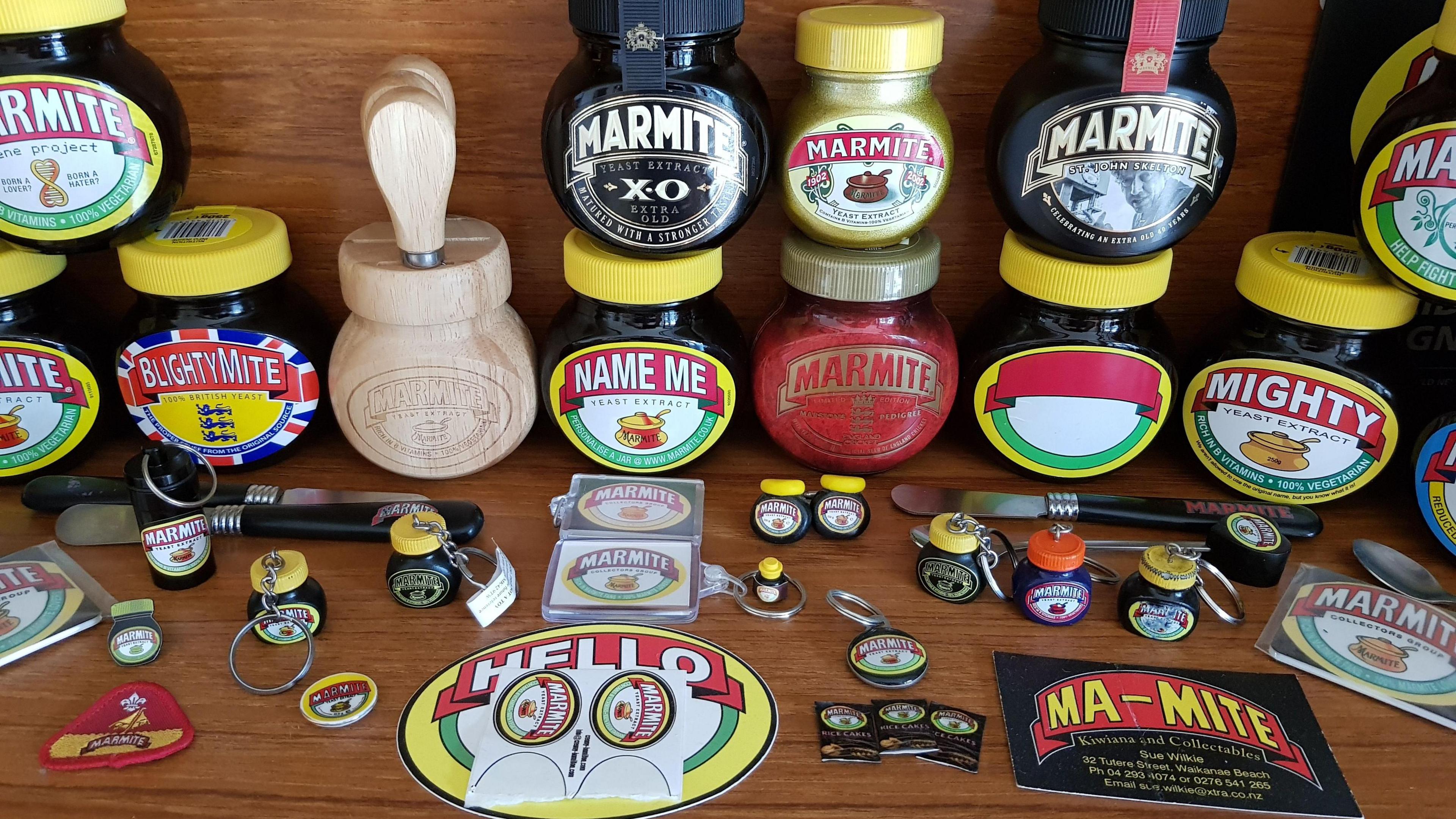 Marmite memorabilia like jars, keyrings and butter knives