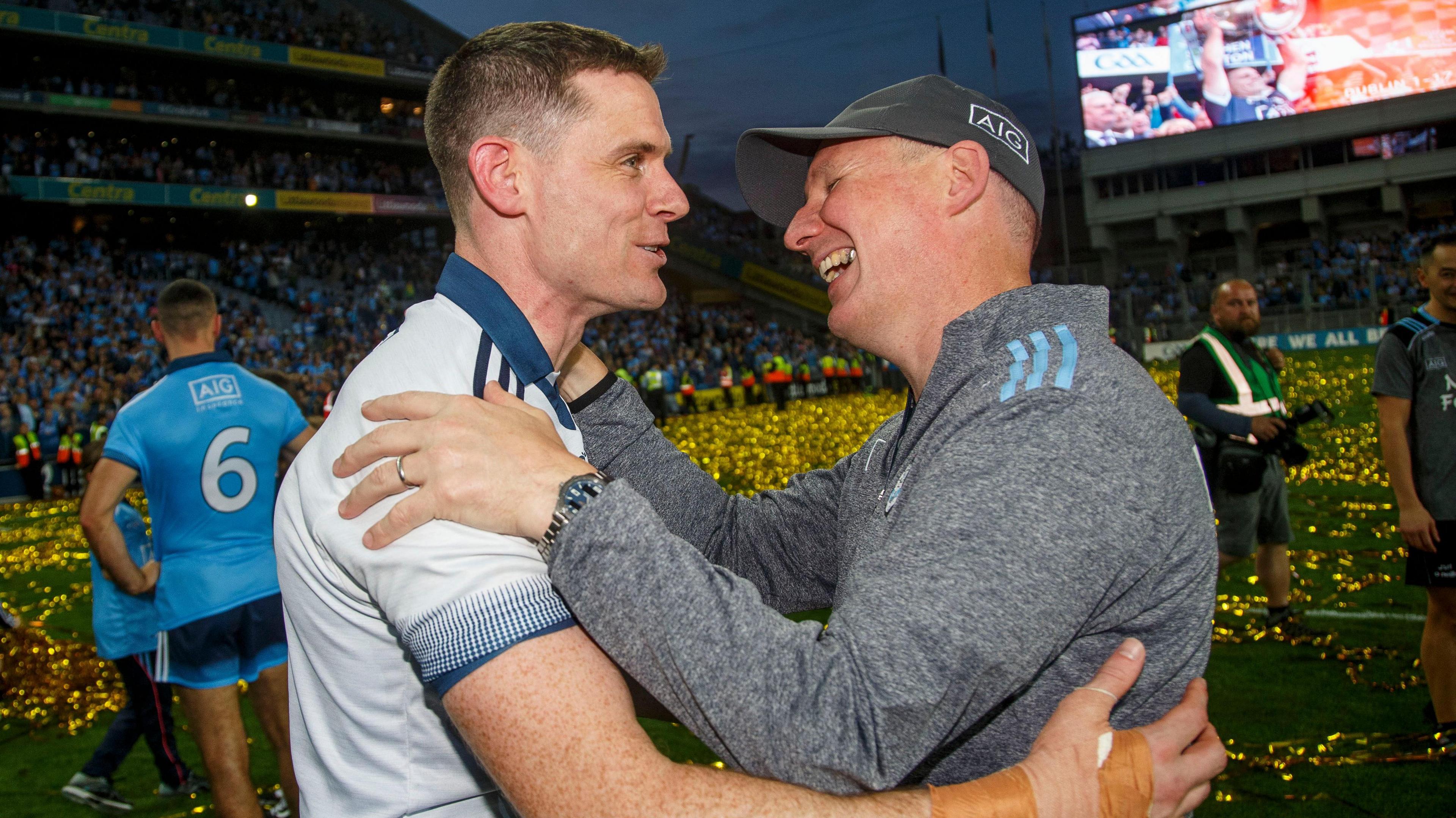 Dublin manager Jim Gavin celebrates by hugging his goalkeeper Stephen Cluxton after beating Kerry to win the 2019 All-Ireland final at Croke Park. 