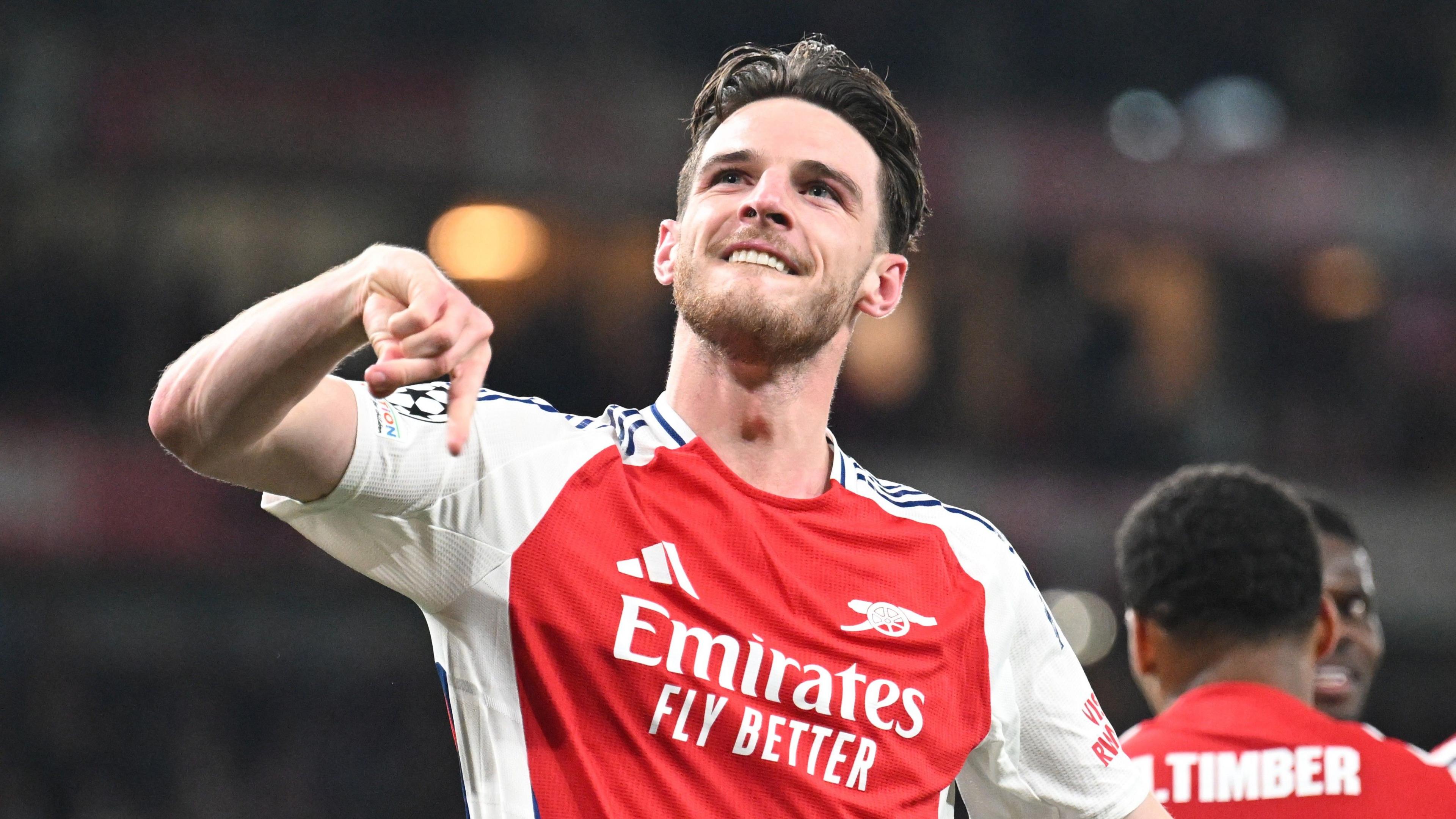 Arsenal's Declan Rice celebrates scoring free-kick against Real Madrid in the Champions League