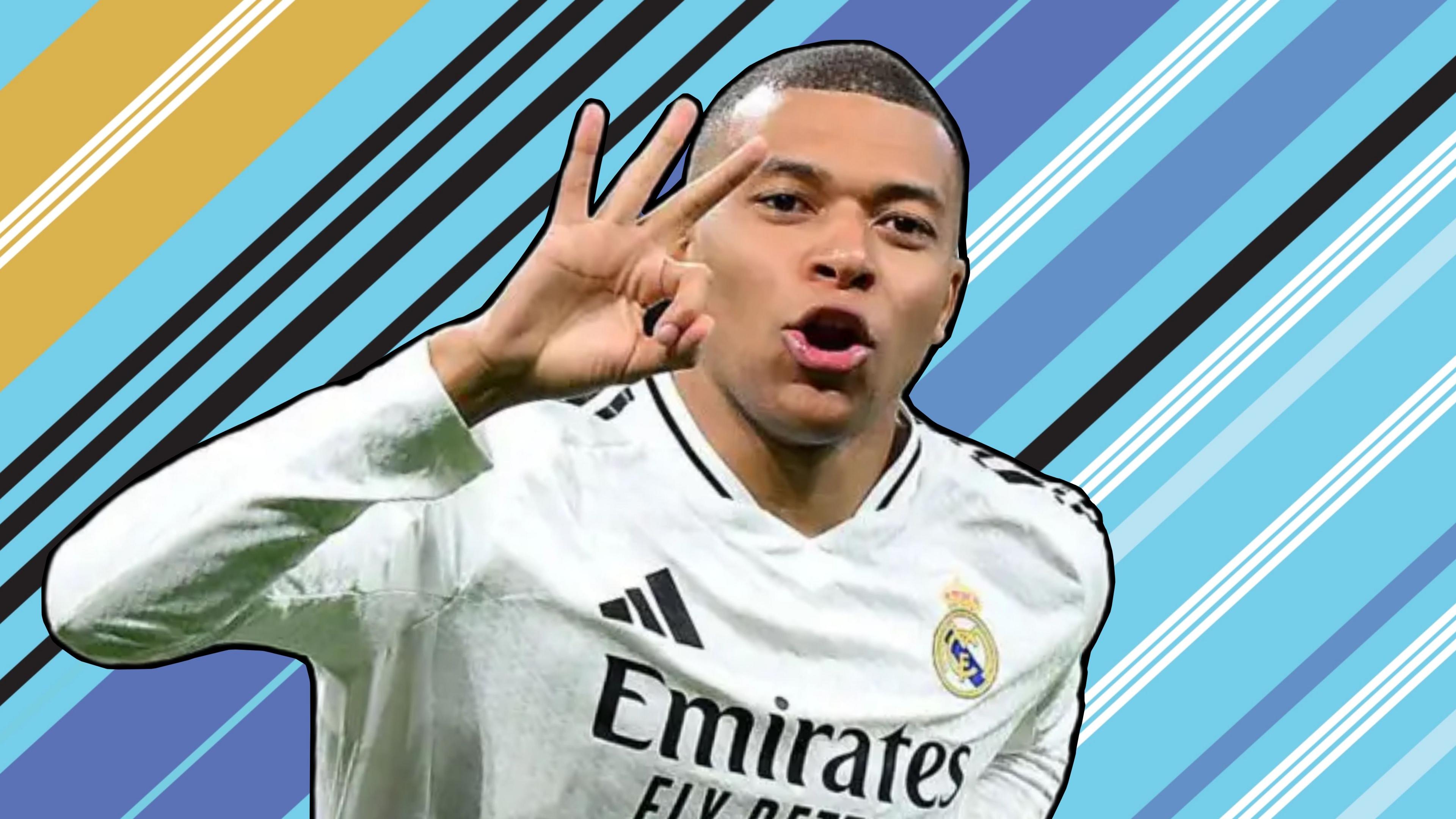 Kylian Mbappe of Real Madrid celebrates scoring his team's third goal and his hat trick