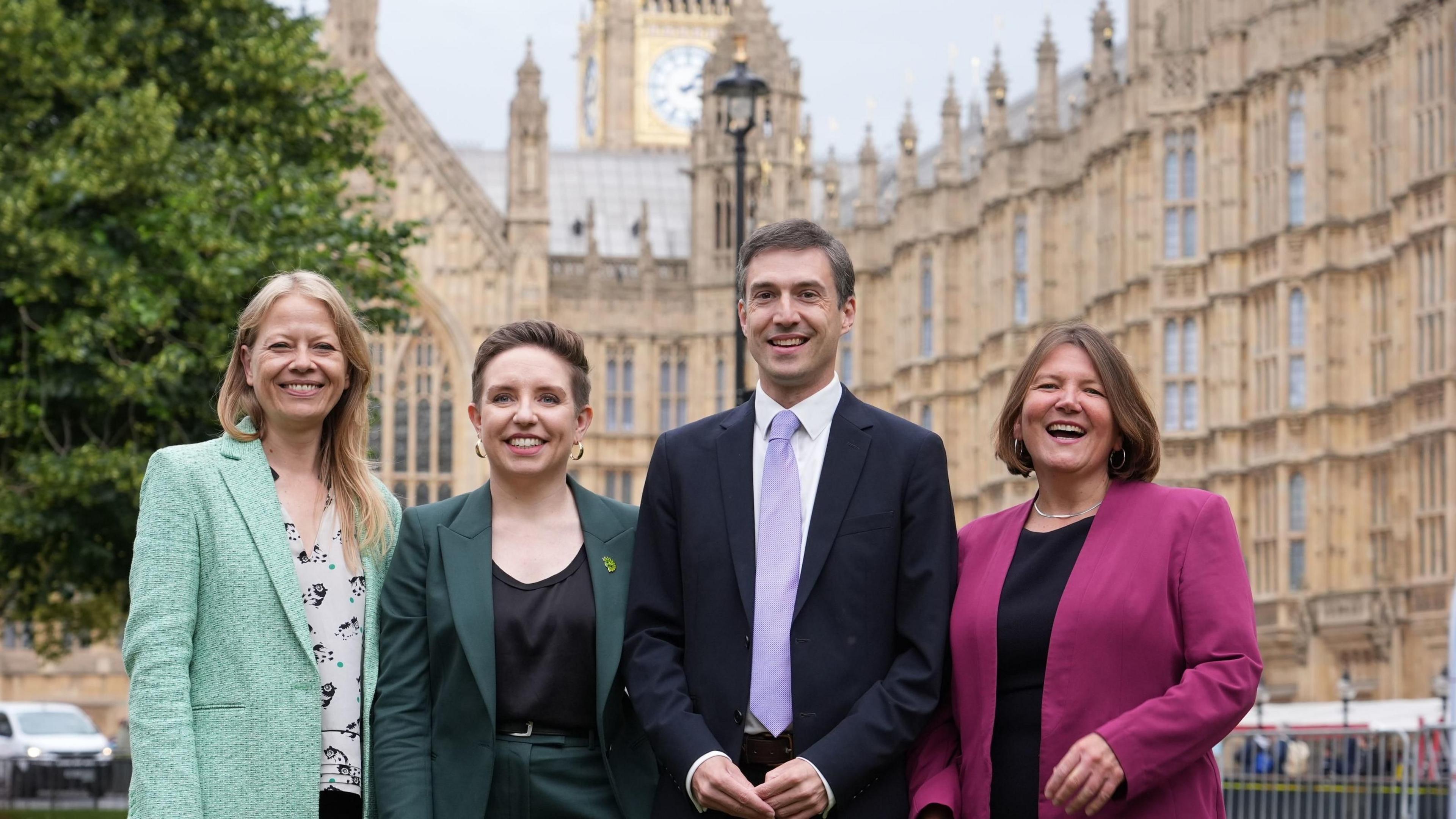 The four new Green MPs from left to right: Sian Berry (MP for Brighton Pavilion), party co-leader Carla Denyer (MP for Bristol Central), party co-leader Adrian Ramsay (MP for Waveney Valley) and Ellie Chowns (MP for North Herefordshire)