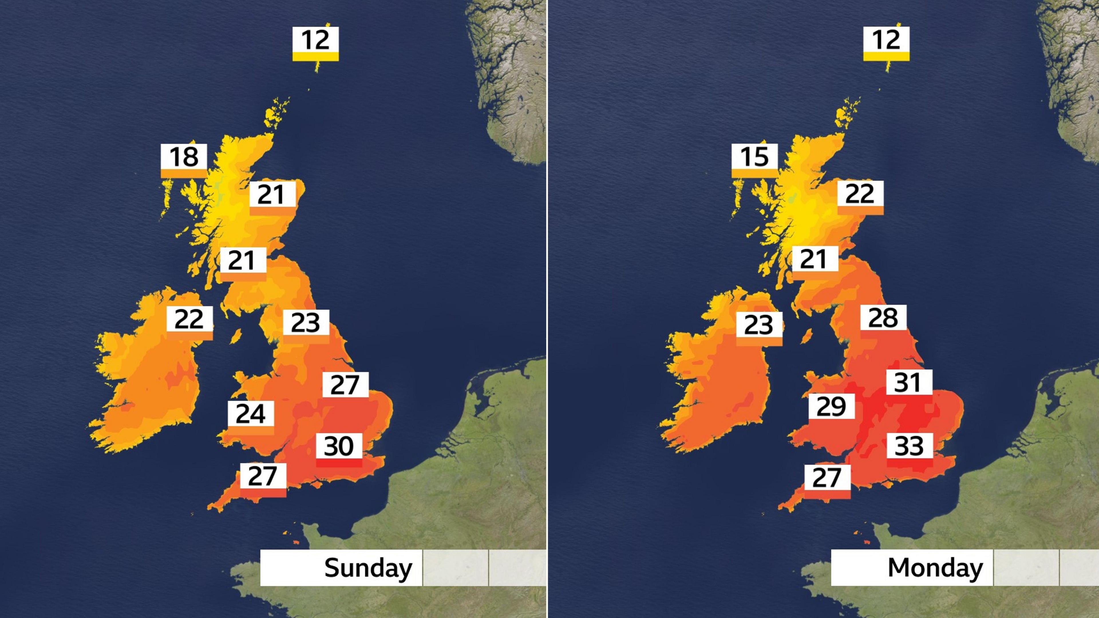 UK temperature maps for Sunday and Monday. Sunday has highs of 18 to 27 Celsius for many, but 12 Celsius in Shetland and 30 Celsius in south-east England. Monday has highs of 22 to 31 Celsius for most, with 12 Celsius in Shetland and 33 Celsius in south-east England.