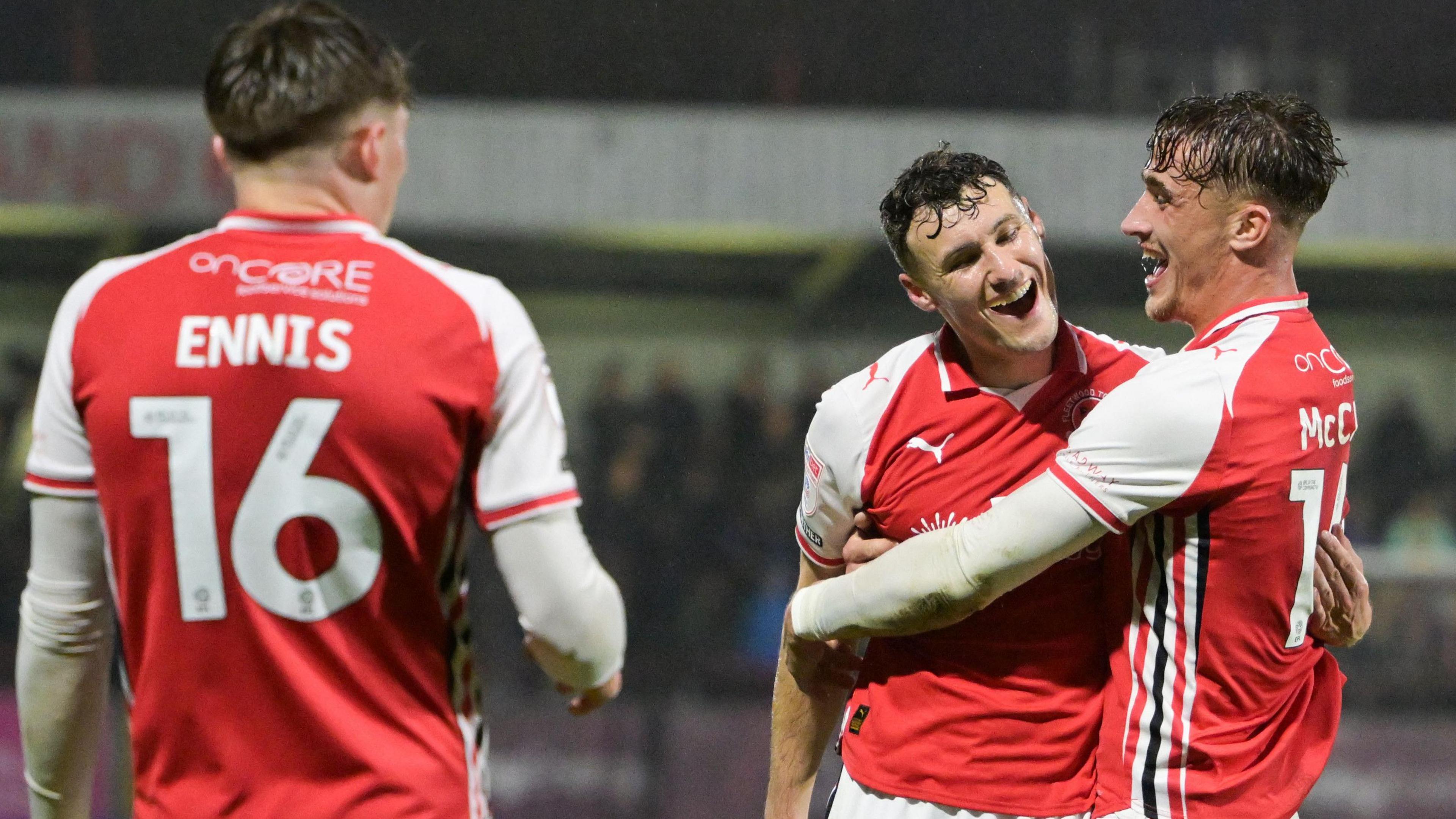 Matty Virtue is hugged by a team-mate after scoring for Fleetwood