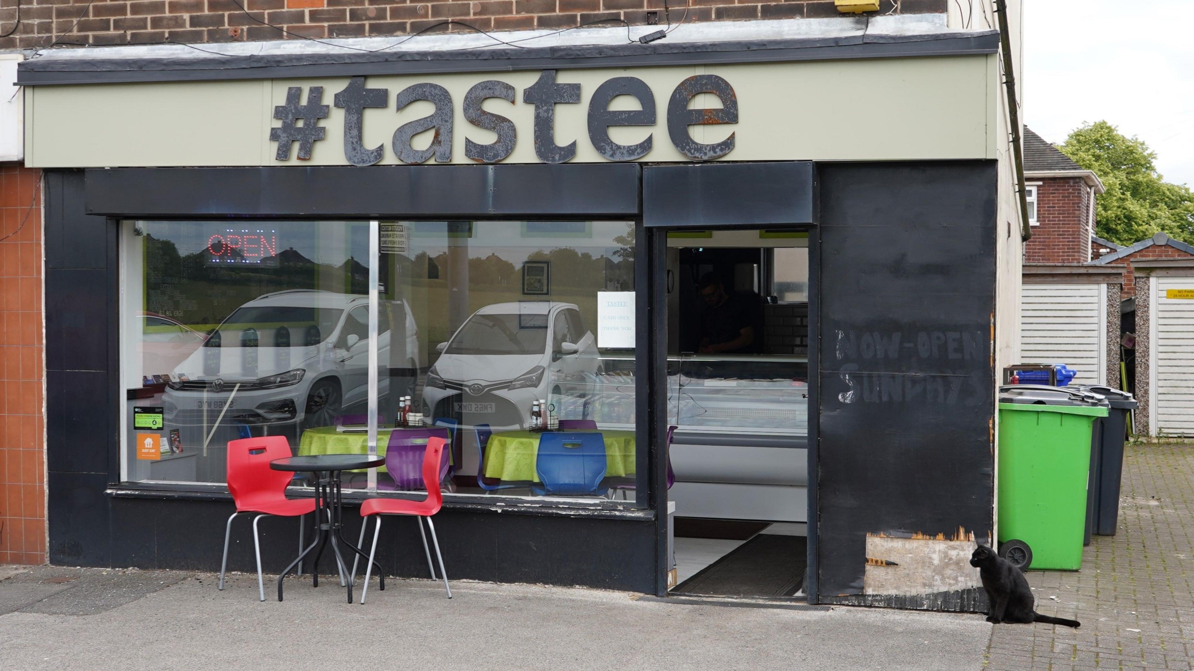 The outside of a cafe with two large windows