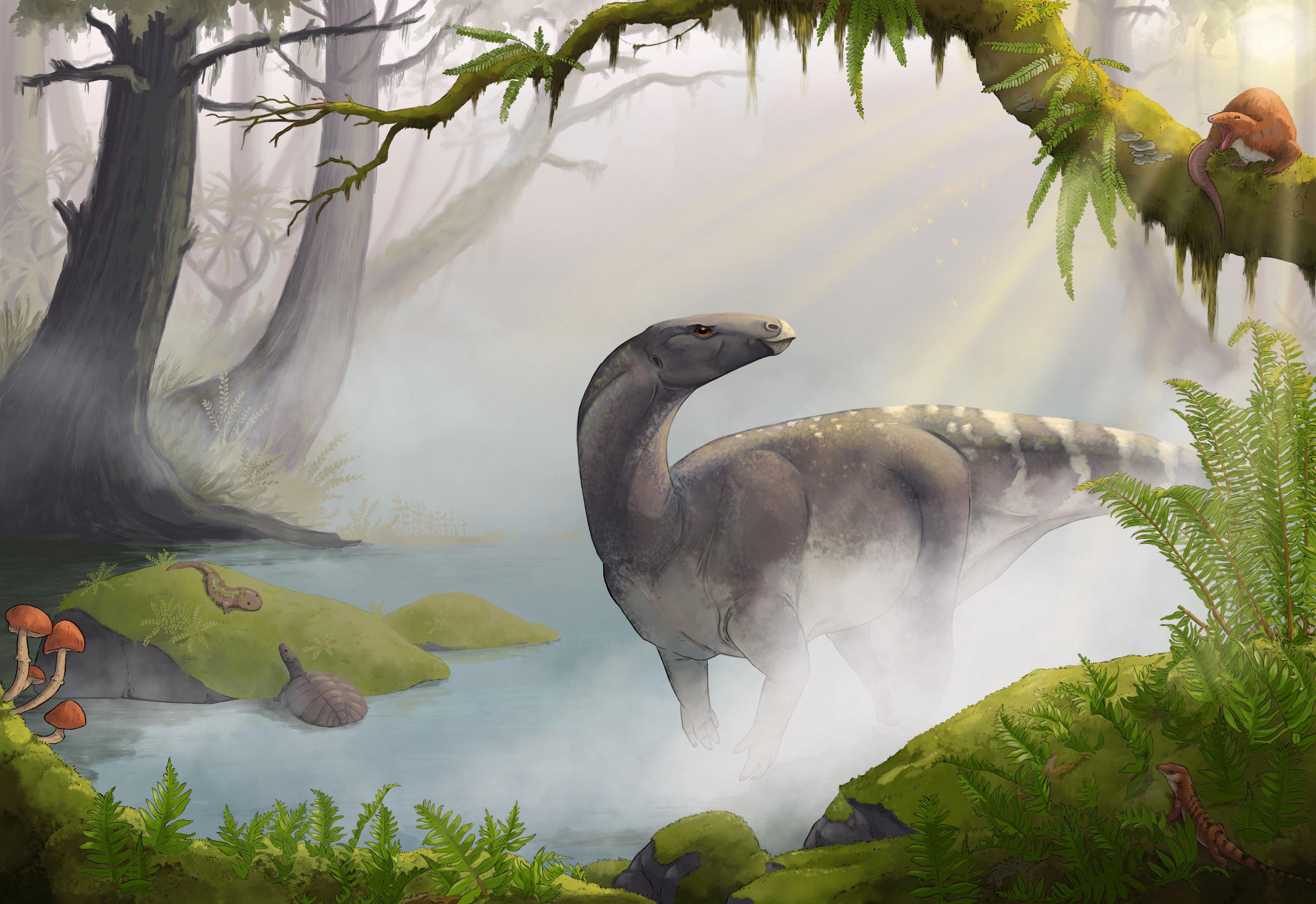 An artist's impression of the Elgol dinosaur, pictured standing in a pond, in a misty woodland