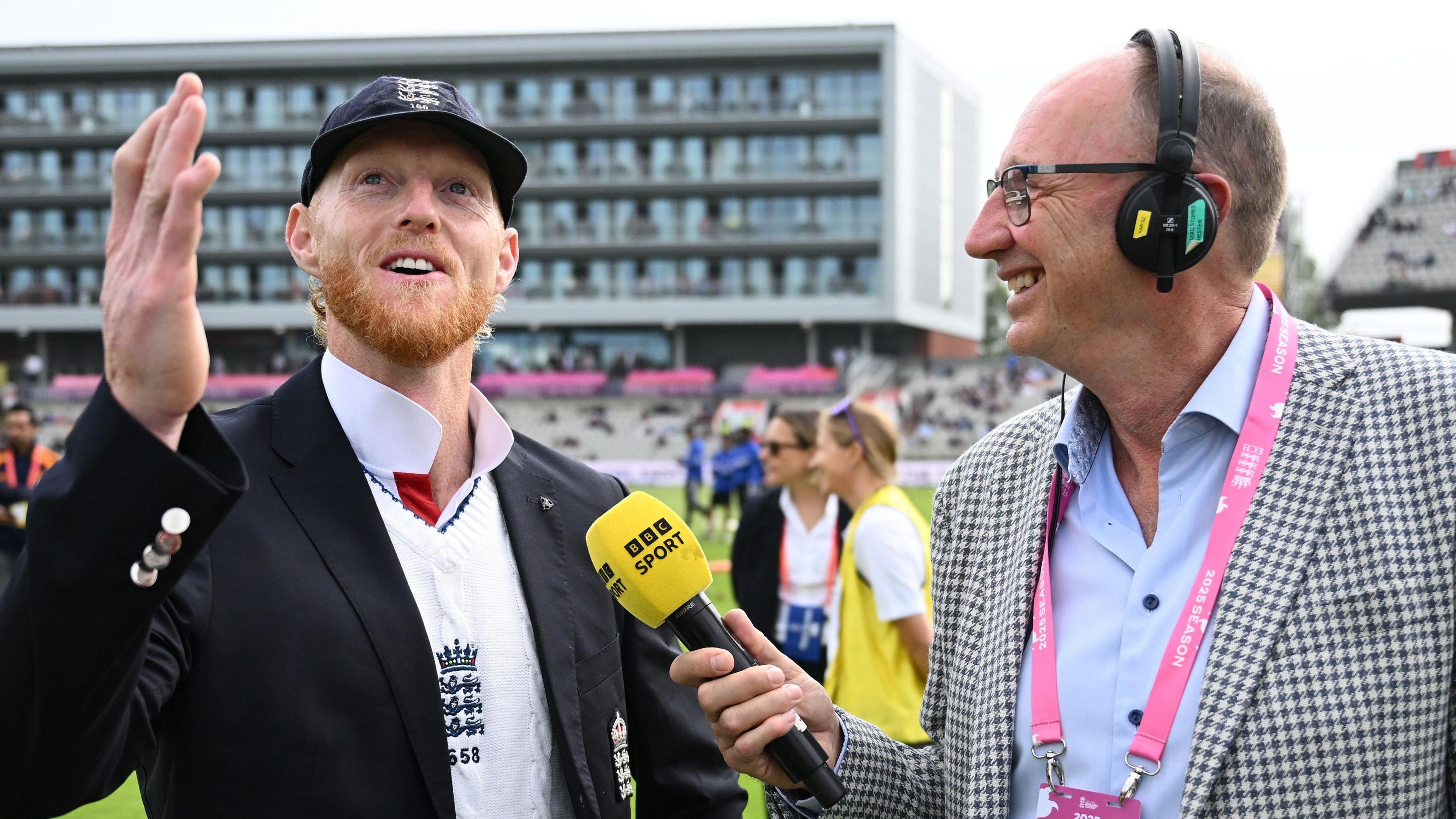England captain Ben Stokes is interviewed by BBC Chief Cricket Commentator Jonathan Agnew before the toss