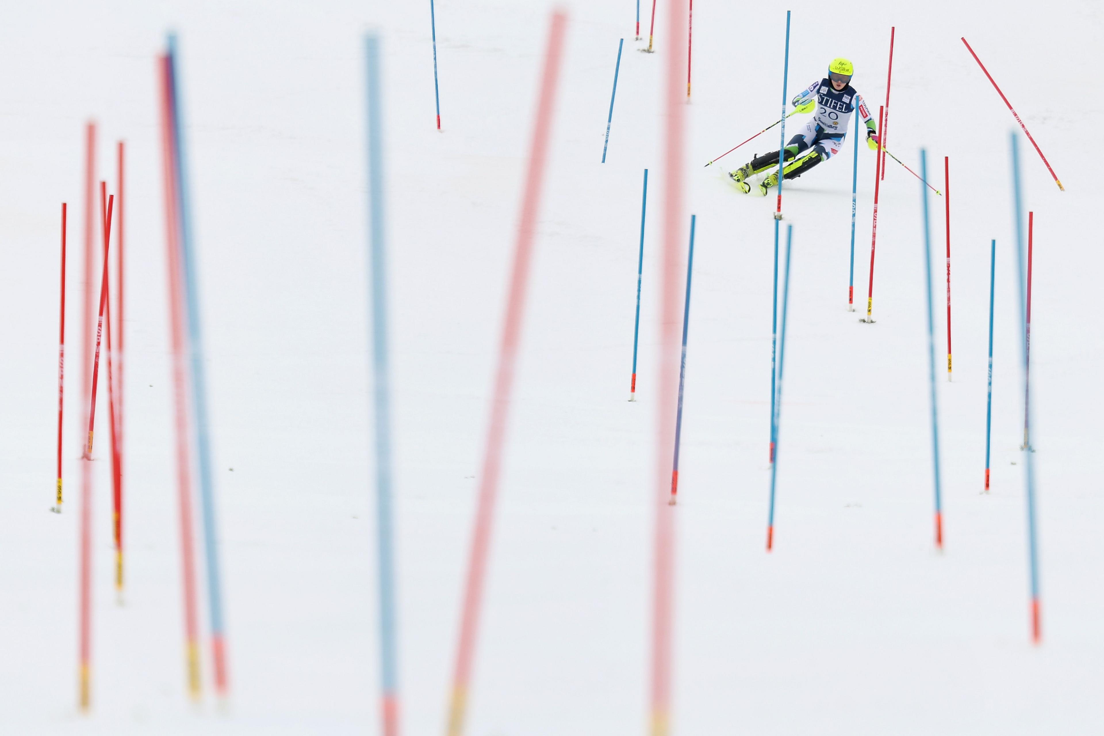 Slovenia's Neja Dvornik competes in the women's slalom during the Ski World Cup Finals in Sun Valley, Idaho