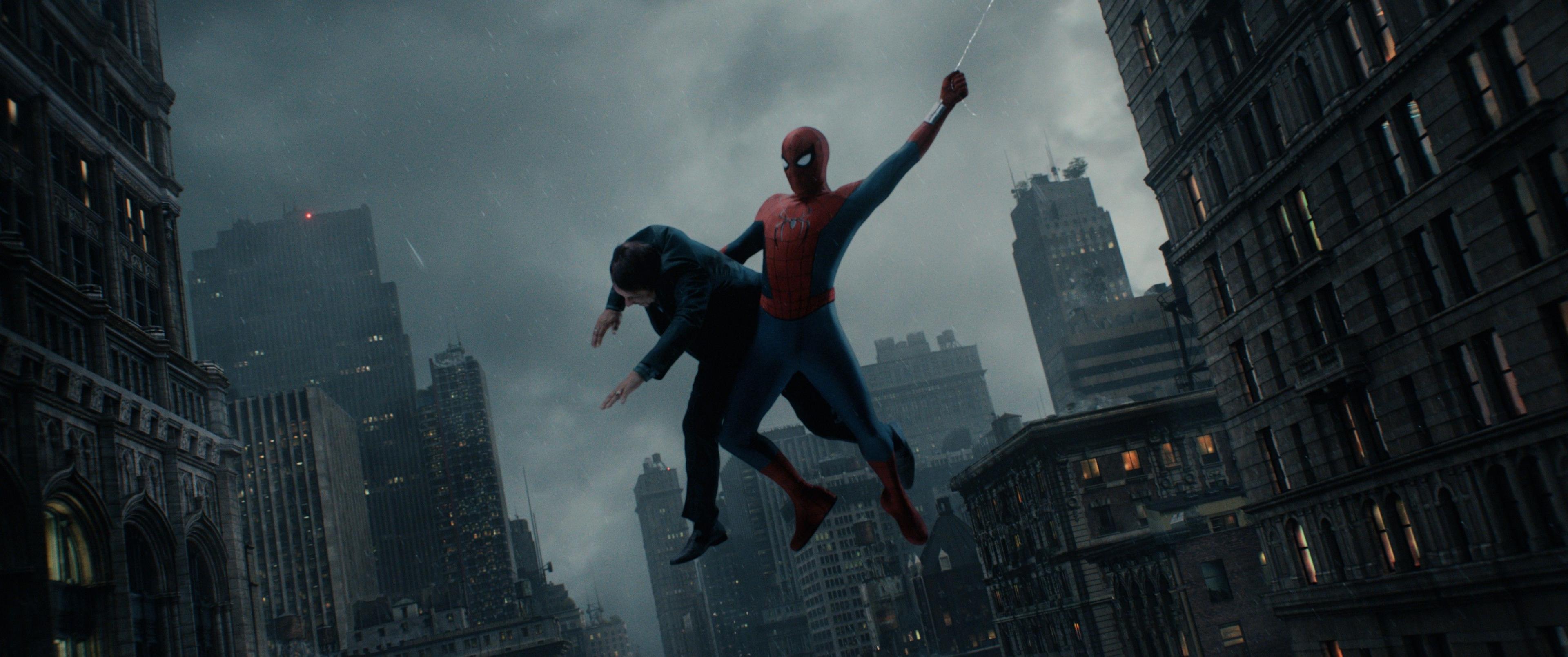 Spider-Man swinging through high-rise buildings, carrying a person over one arm
