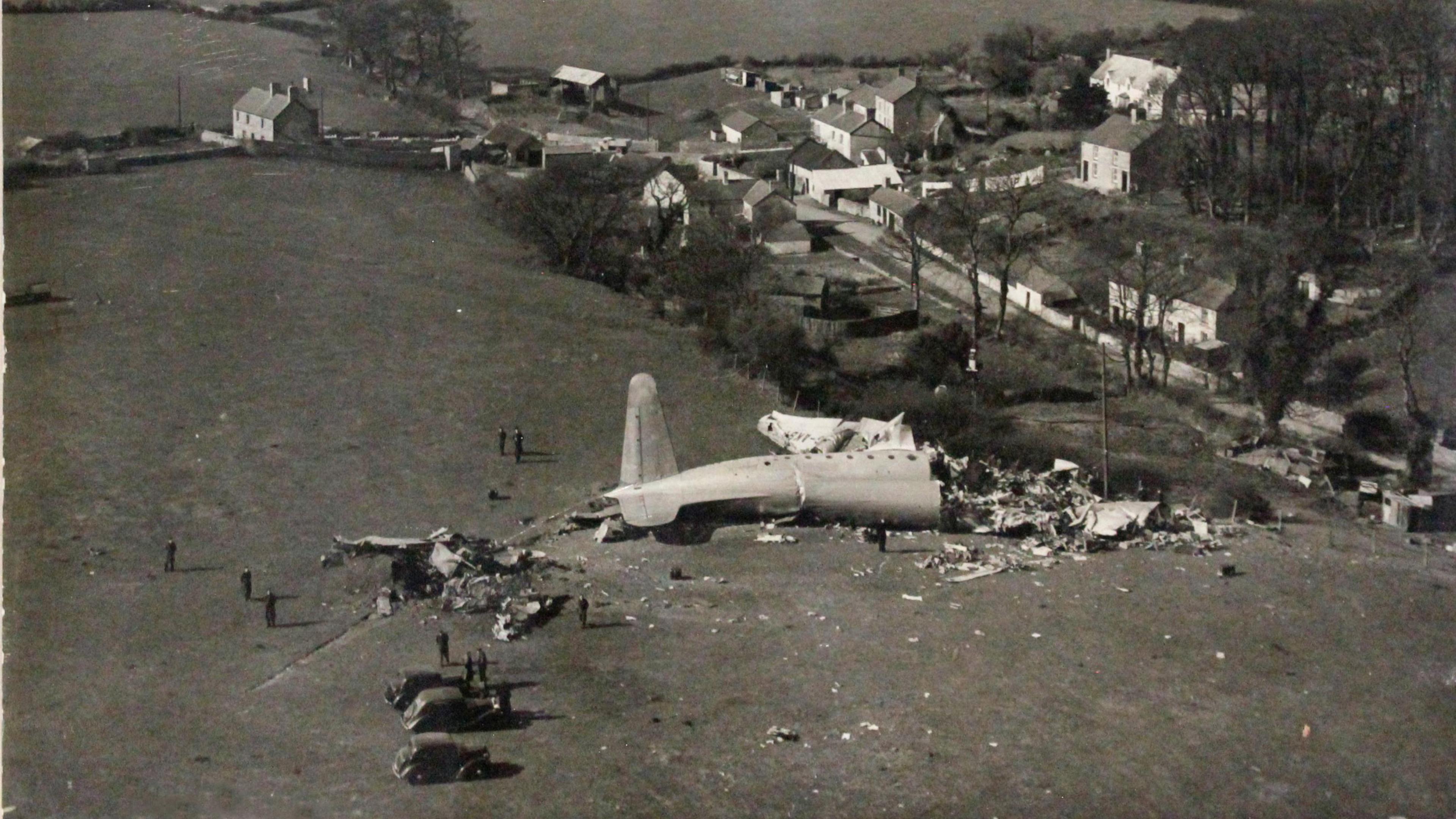 An aerial photo of the plane, an Avro Tudor aircraft, crashed in a field just yards from houses in the village of Sigginstone, Vale of Glamorgan