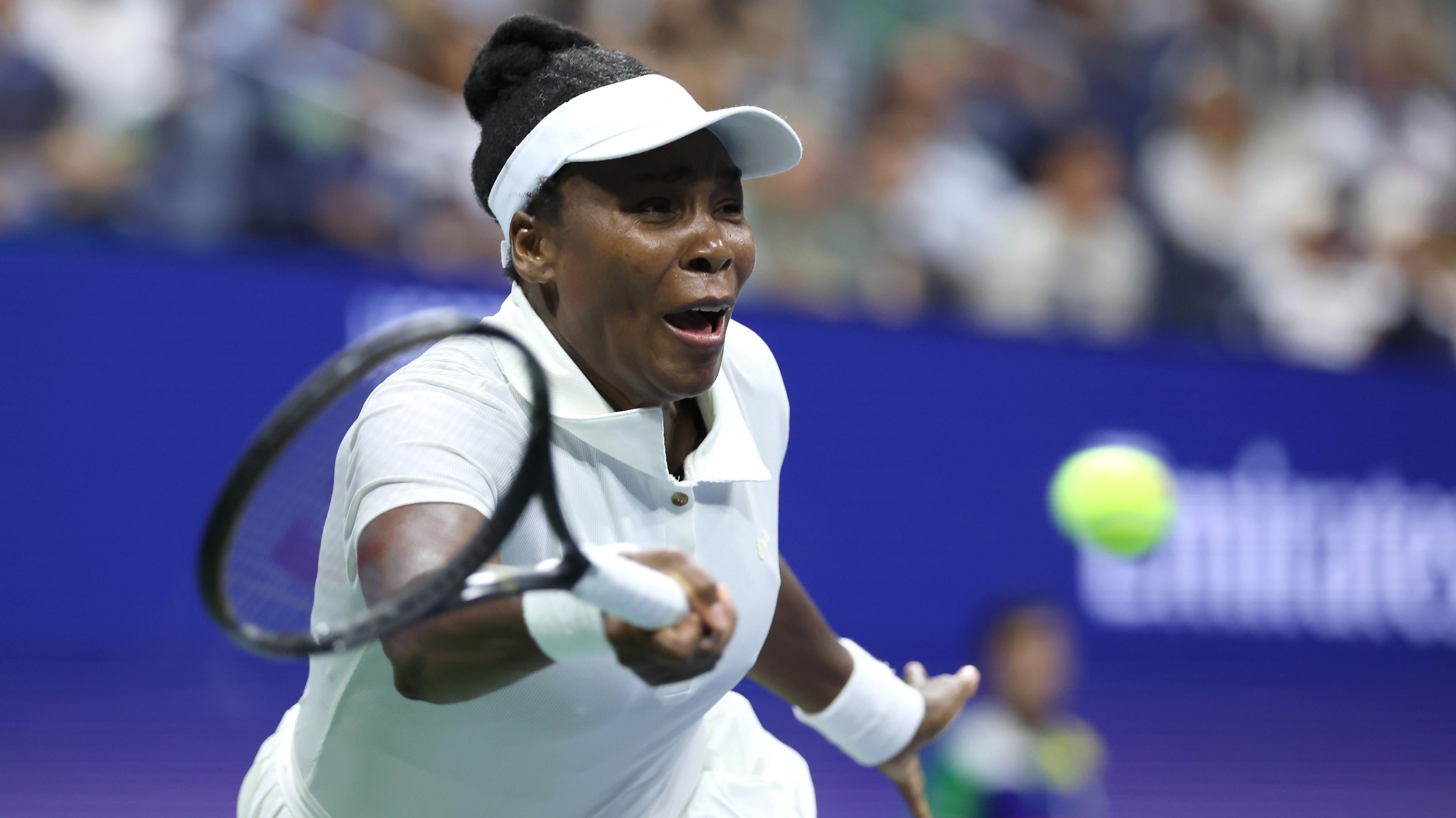 Venus Williams plays a forehand shot at the 2025 US Open
