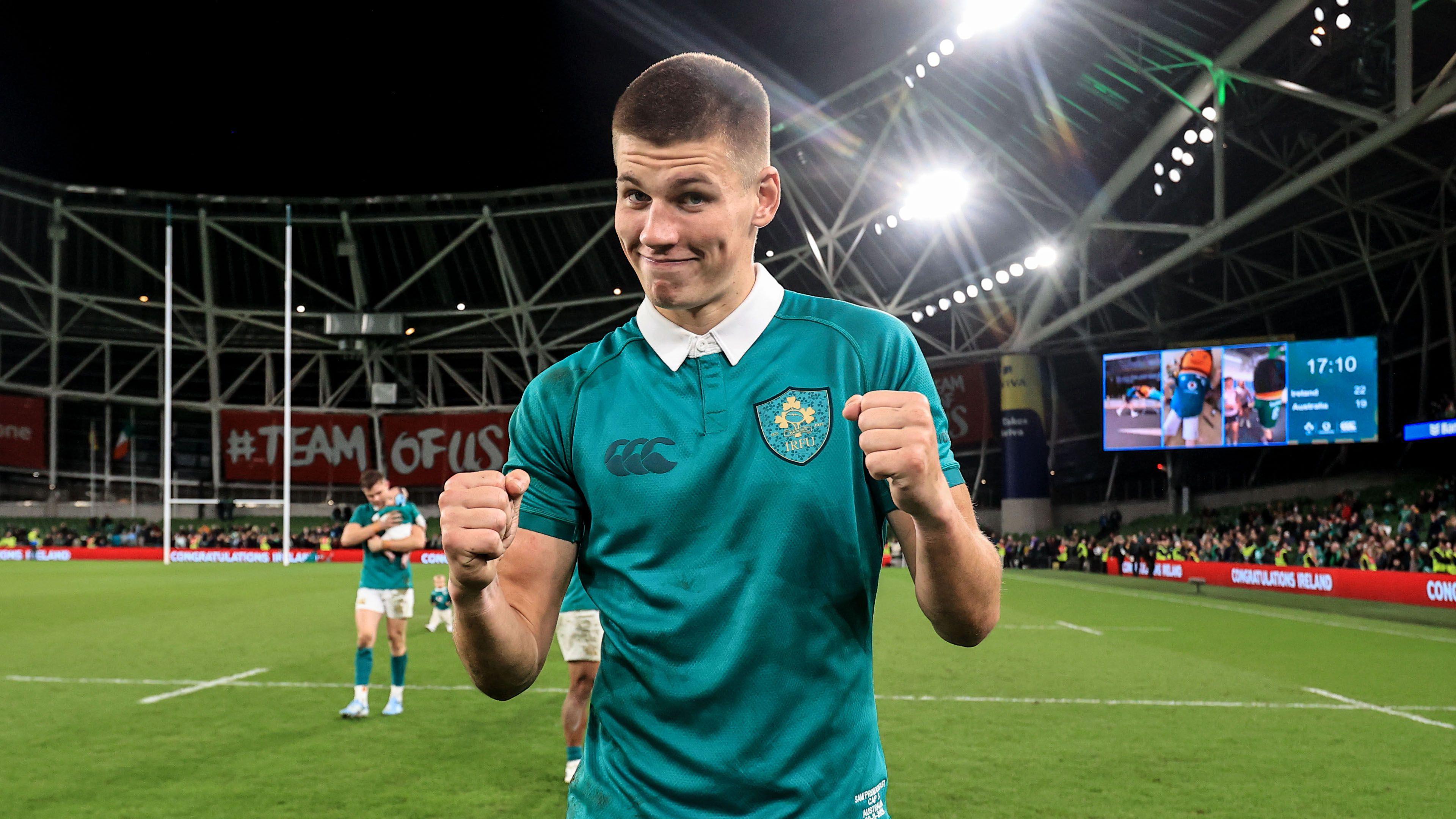 Sam Prendergast celebrates Ireland's win over Australia