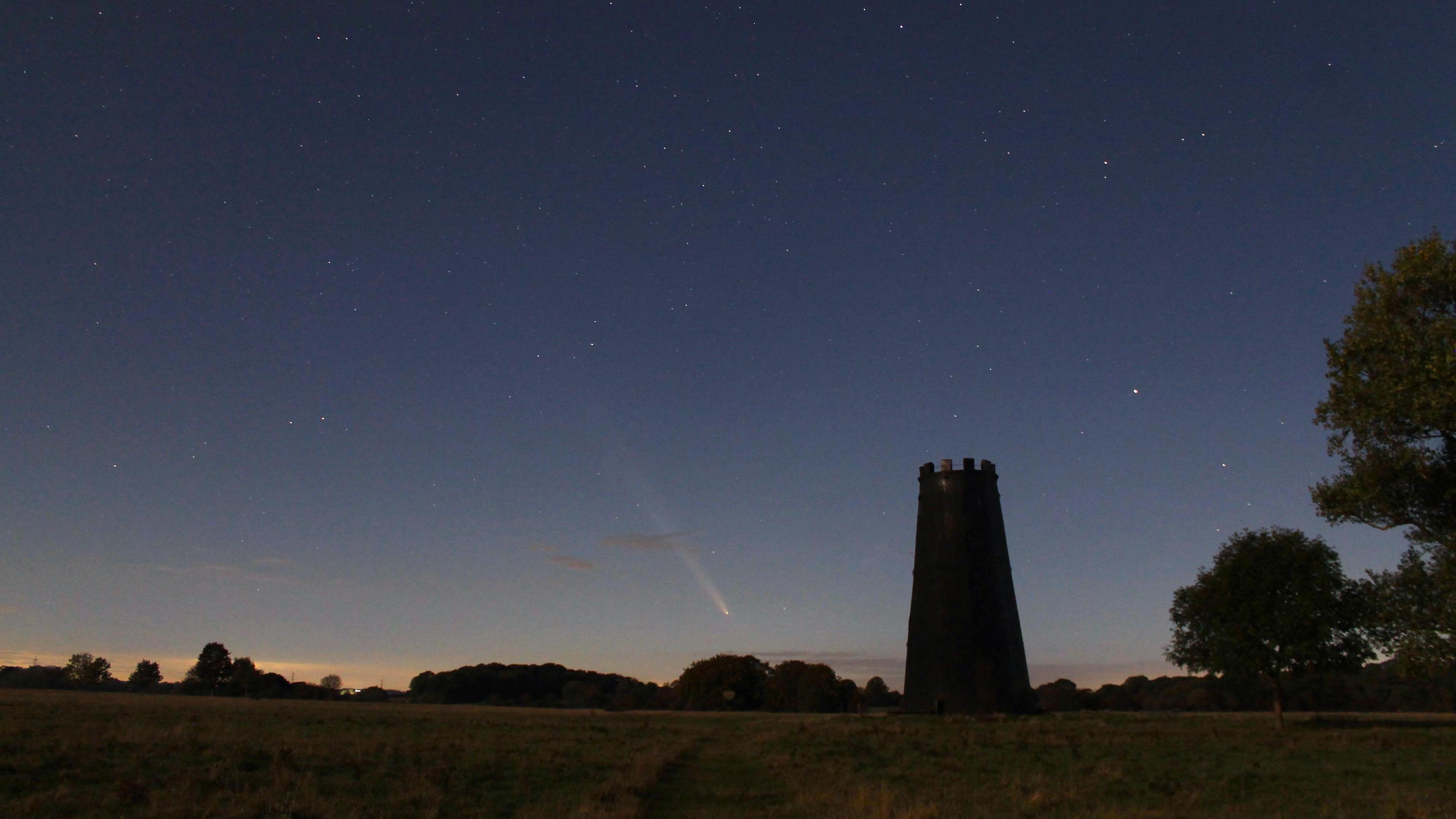 A photo of the grass and trees of Beverley Westwood in silhouette, with the starry skies and comet on display. 