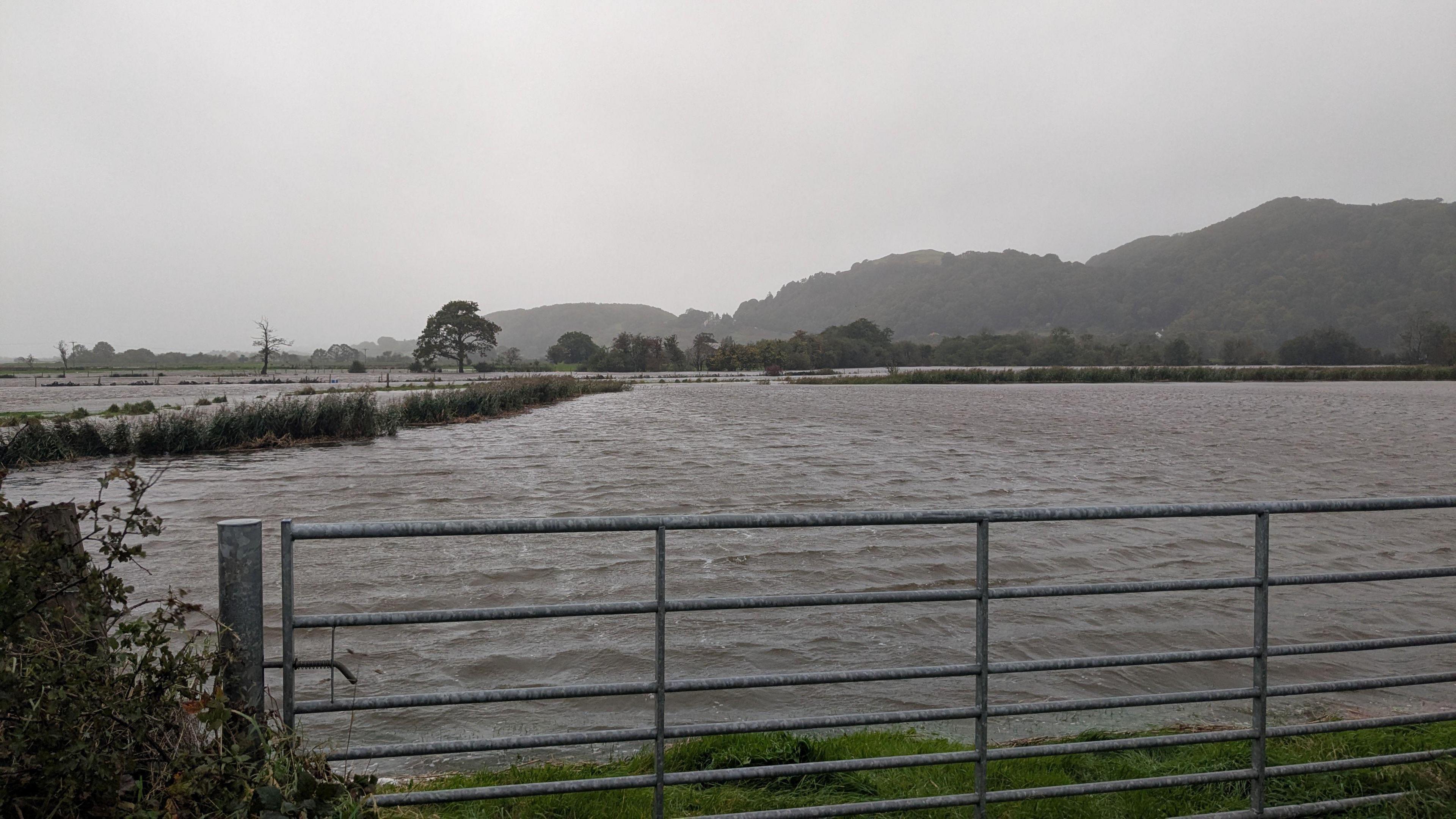 Water has completely covered a farmers field. The water stretches off across the whole of the field and stops just before a metal gate, leaving the scene looking like a giant lake.