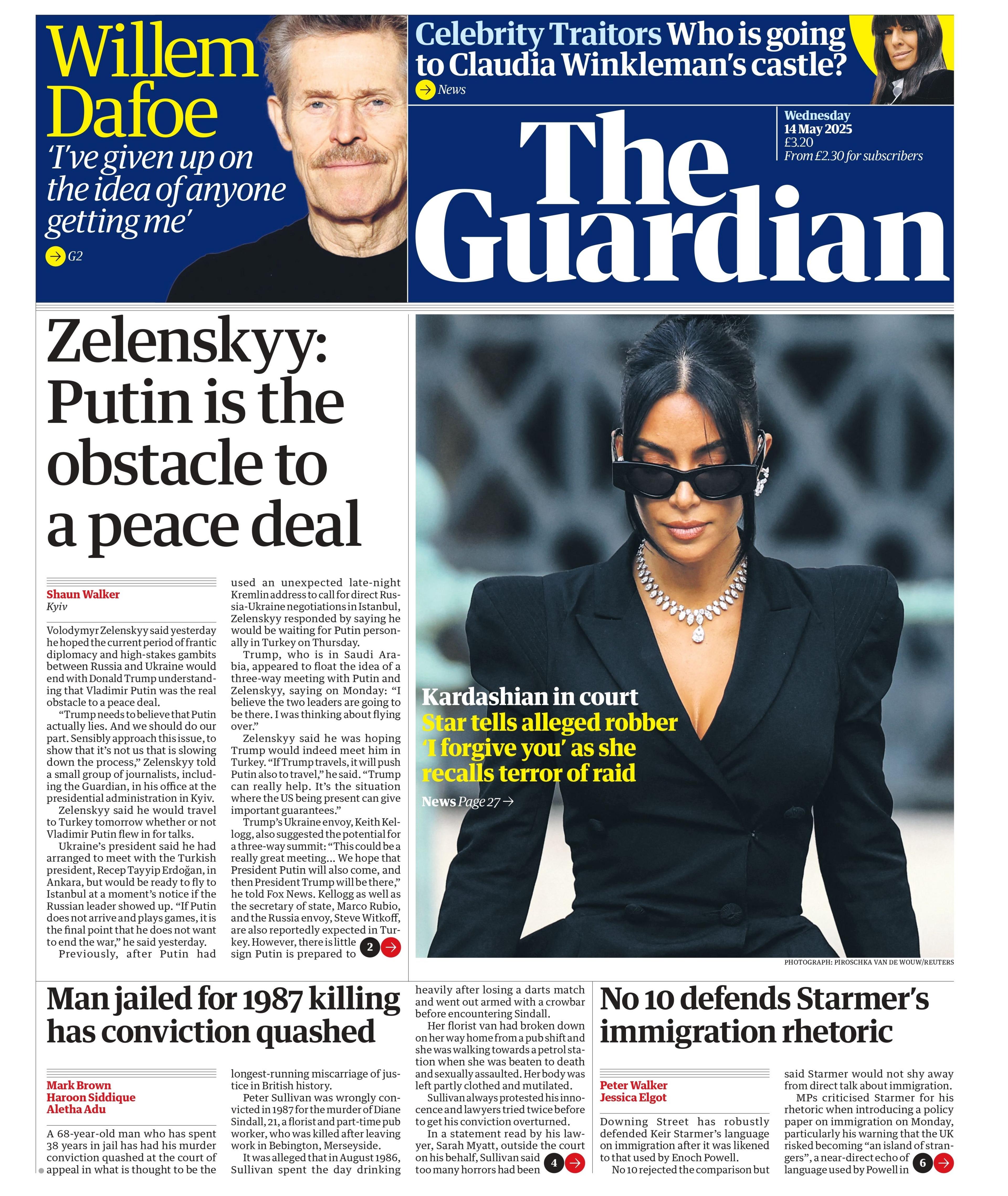 The headline on the front page of The Guardian reads: "Zelenskyy: Putin is the obstacle to a peace deal".
