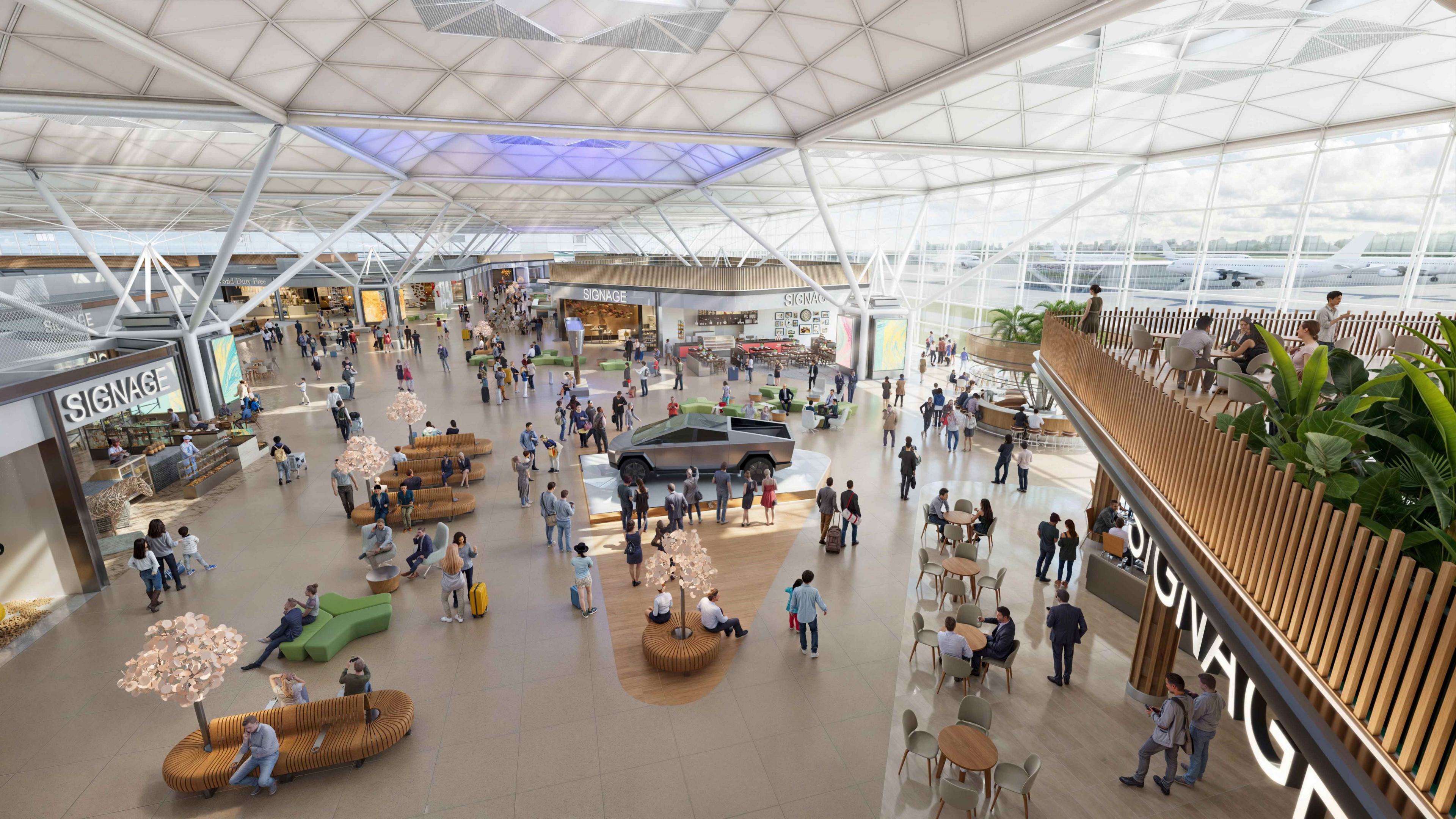 A CGI image of inside the expanded Stansted terminal. It has shops and bars, with people milling around. The right hand side is glass and looks out towards the runway.