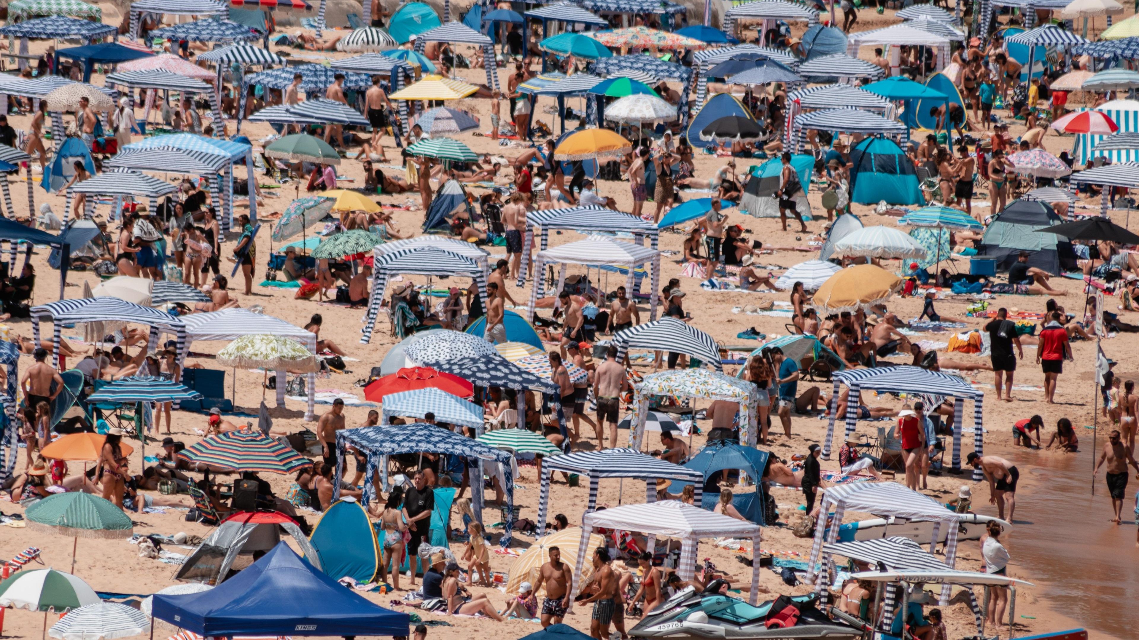 A drone shot of cabanas on Sydney's Freshwater Beach