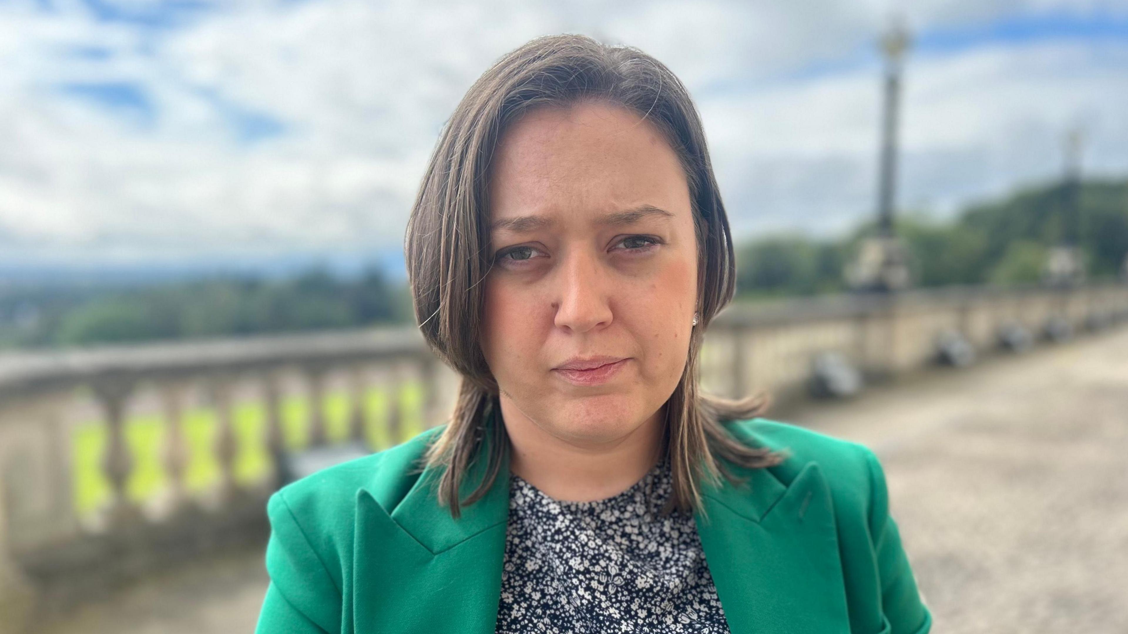 Deborah Erskine speaking outside Stormont