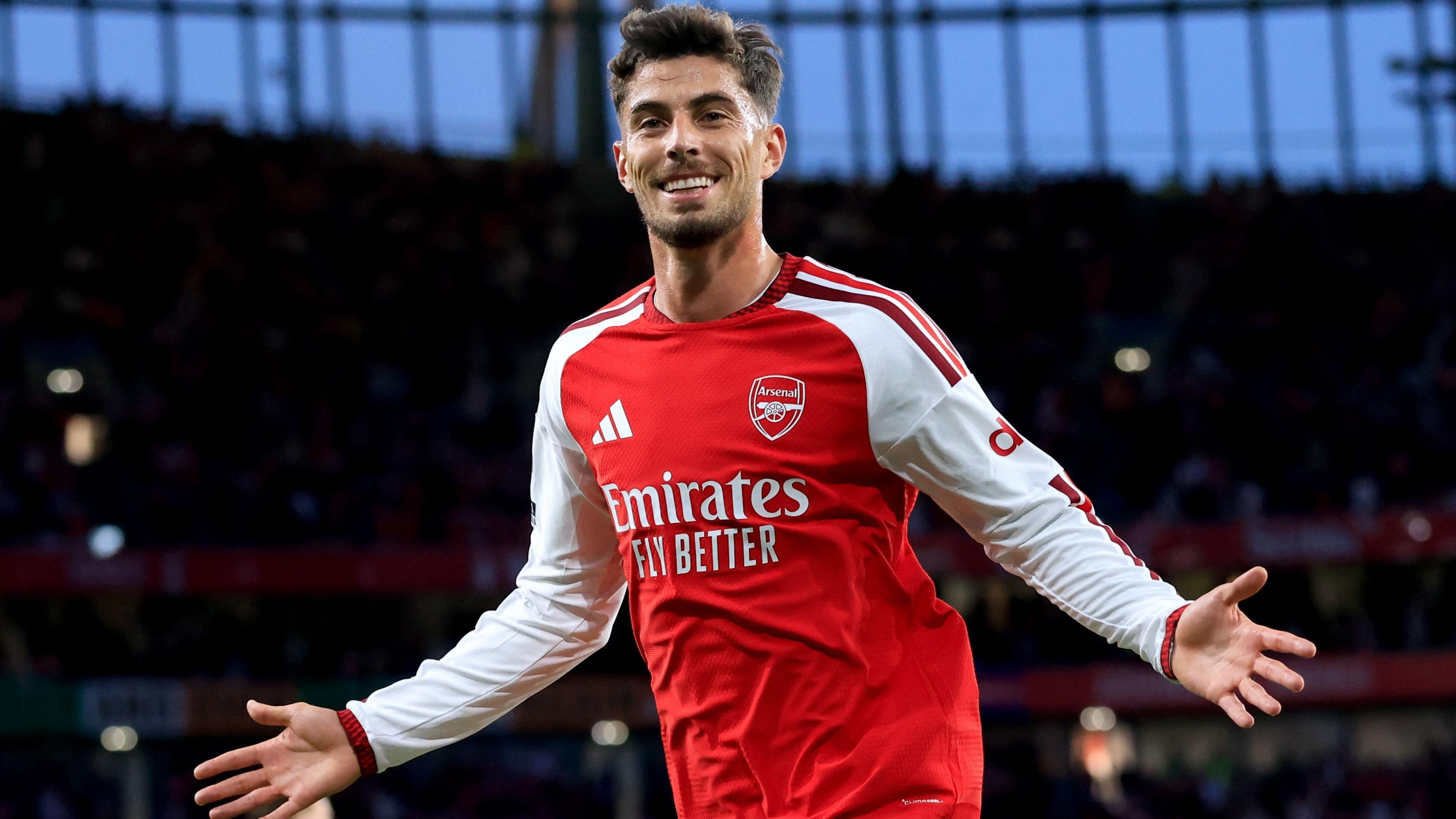 Kai Havertz of Arsenal celebrates scoring the opening goal during the Premier League 2026/27 match between Arsenal FC and Coventry City at Emirates Stadium