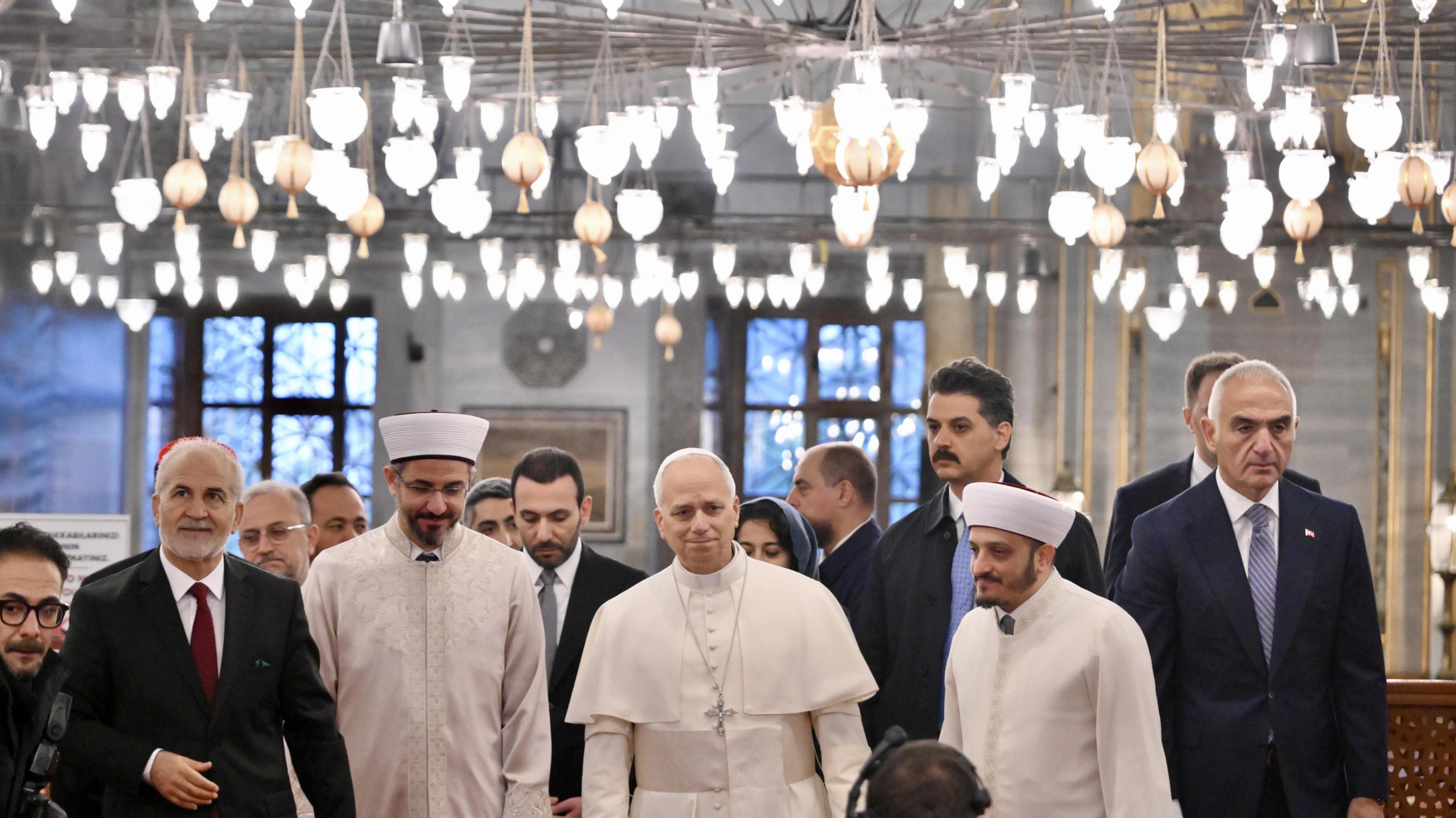 Pope Leo inside the Blue Mosque, alongside local Muslim leaders.