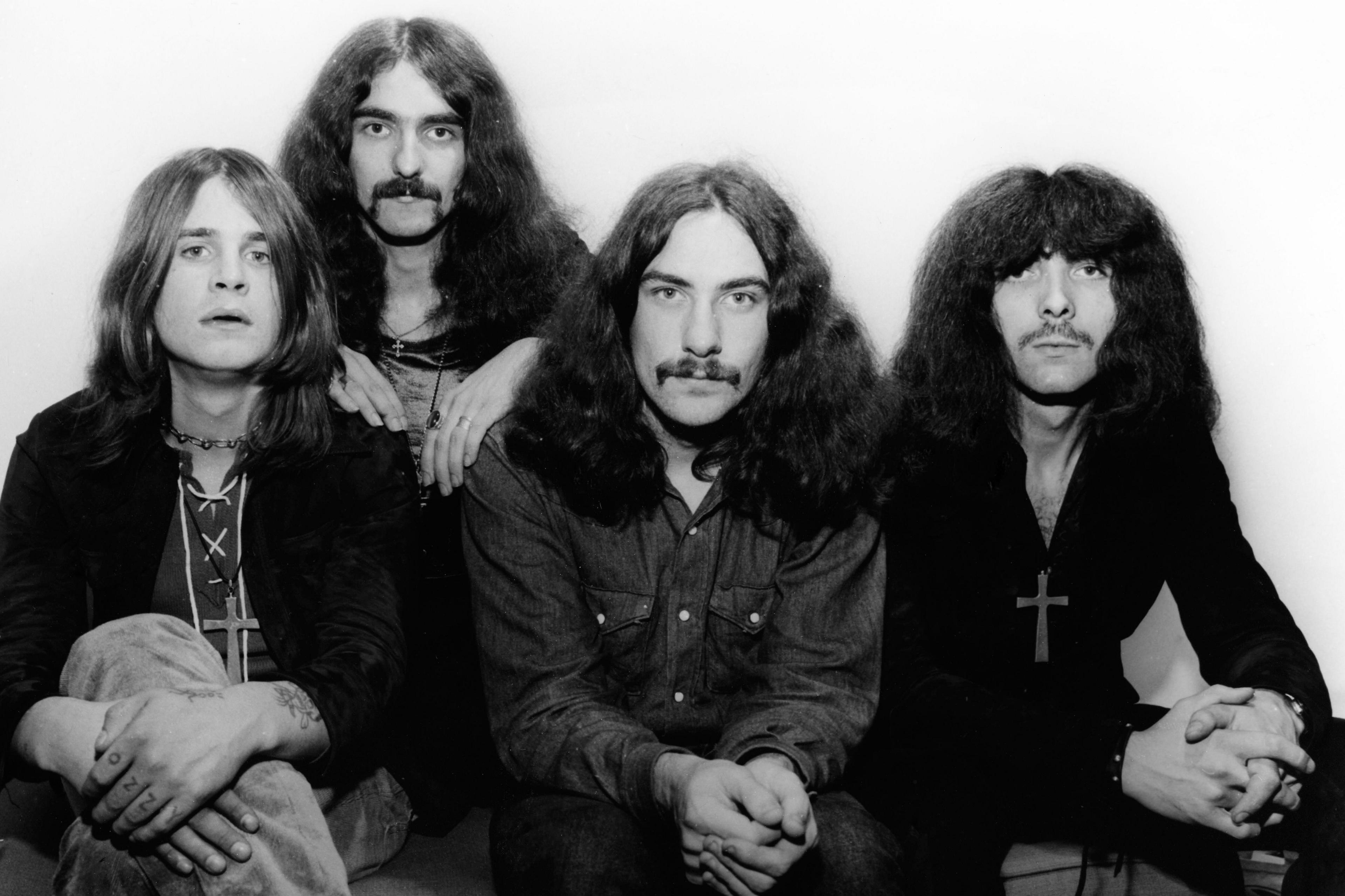A black and white image of Black Sabbath in the 1960s with Ozzy Osbourne, Bill Ward, Geezer Butler and Tony Iomi. 