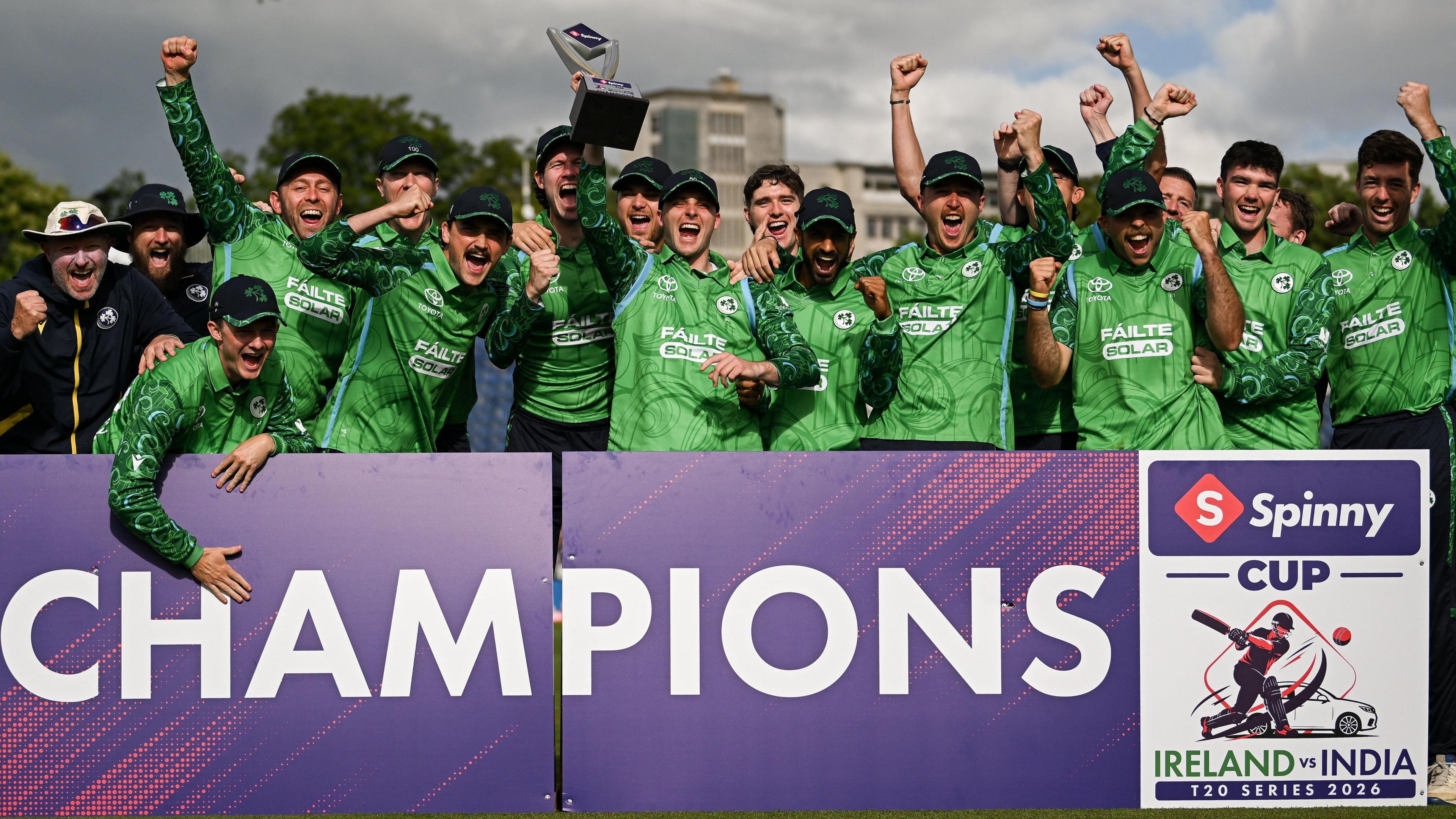 Ireland celebrate with the T20 series trophy