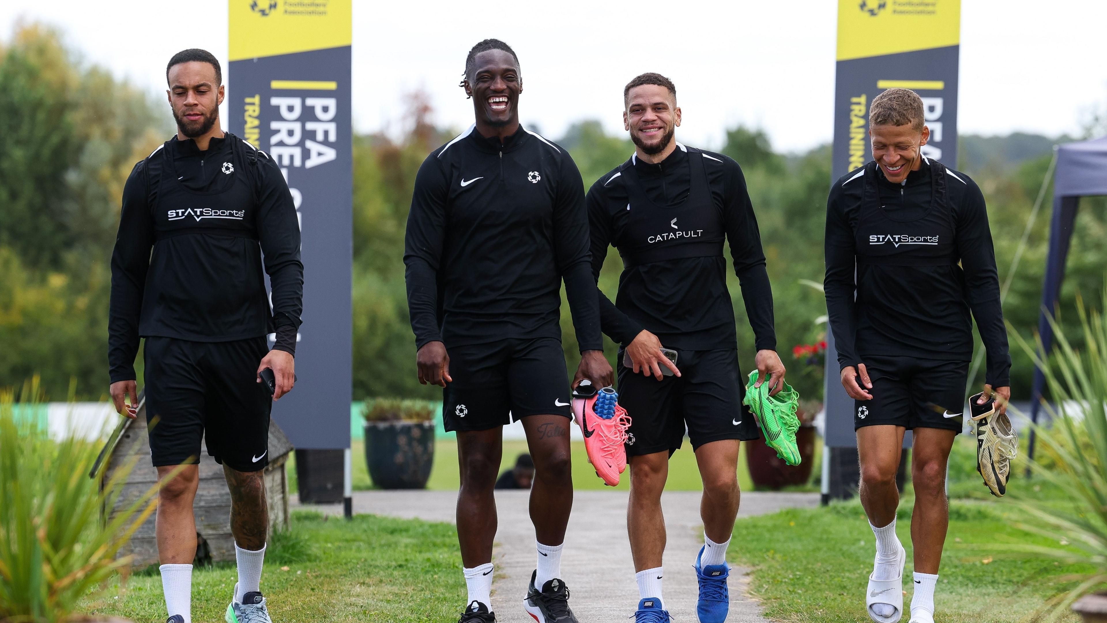 (Left to right) Charles Dunne, Anthony Stewart, Marcus Browne and Dwight Gayle sharing a joke at the PFA pre-season training camp in Leicestershire