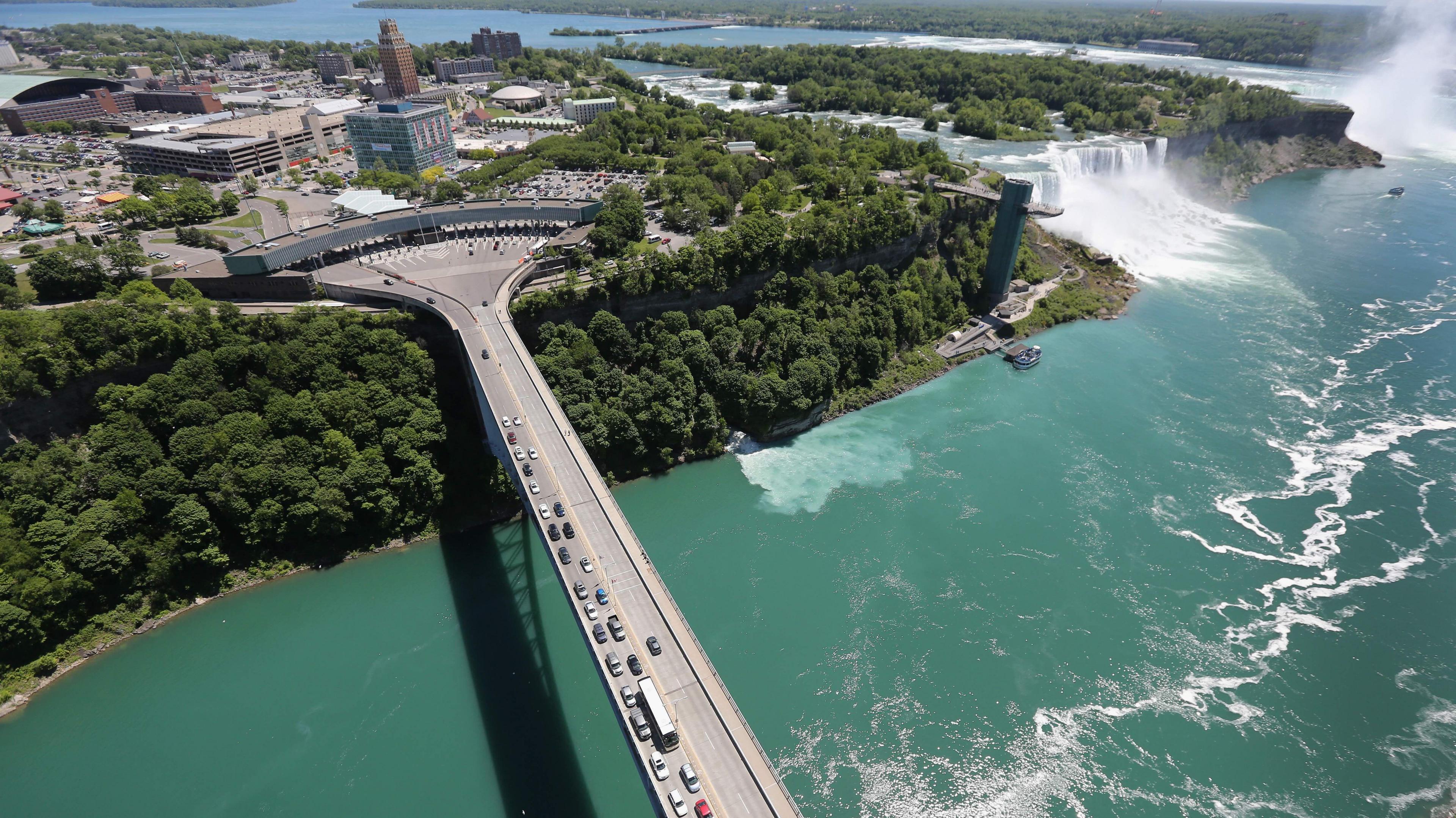 An arial shot of the Rainbow Bridge with traffic