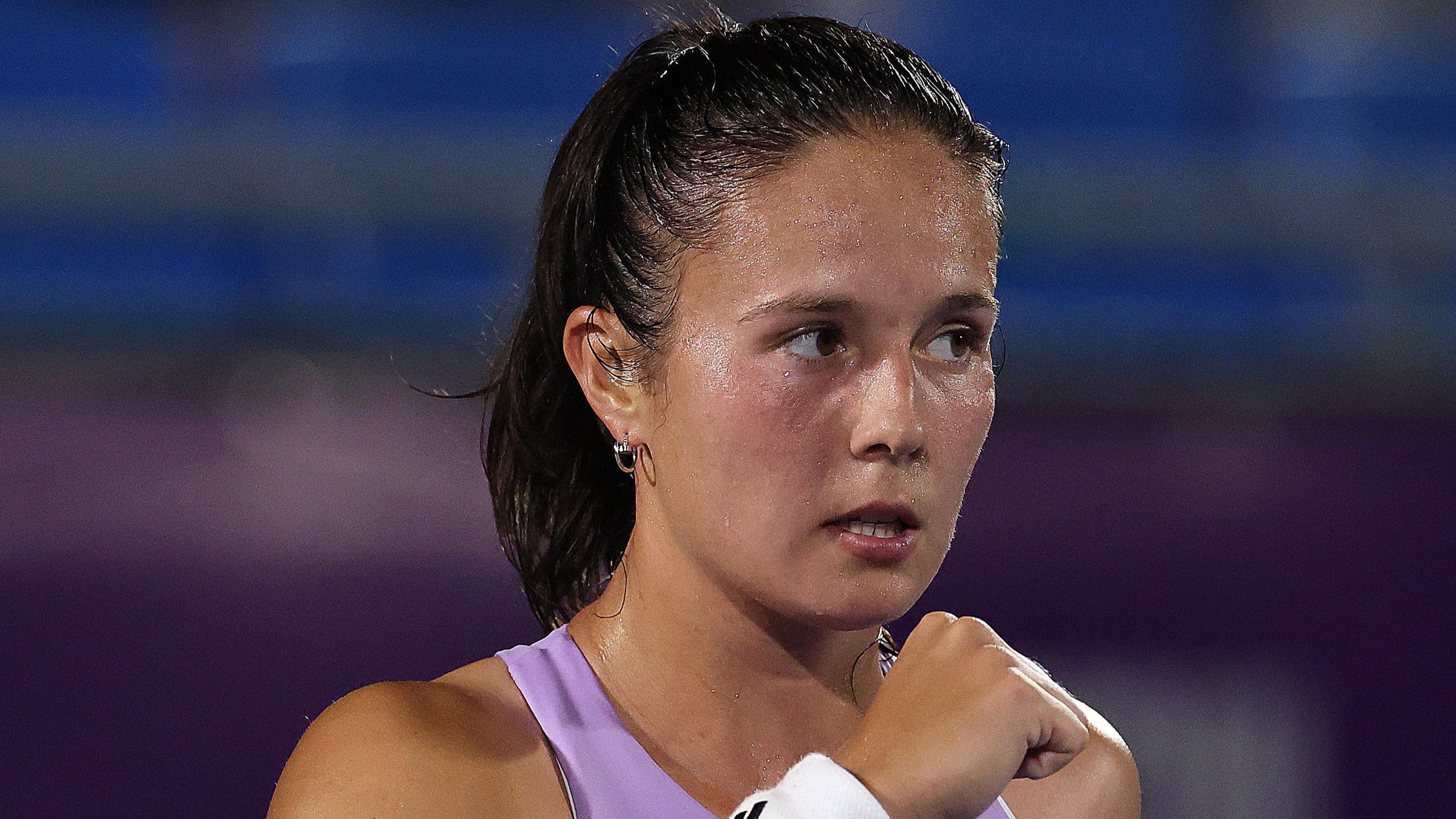 Daria Kasatkina reacts with disappointment during her loss to Katerina Siniakova at the Korea Open