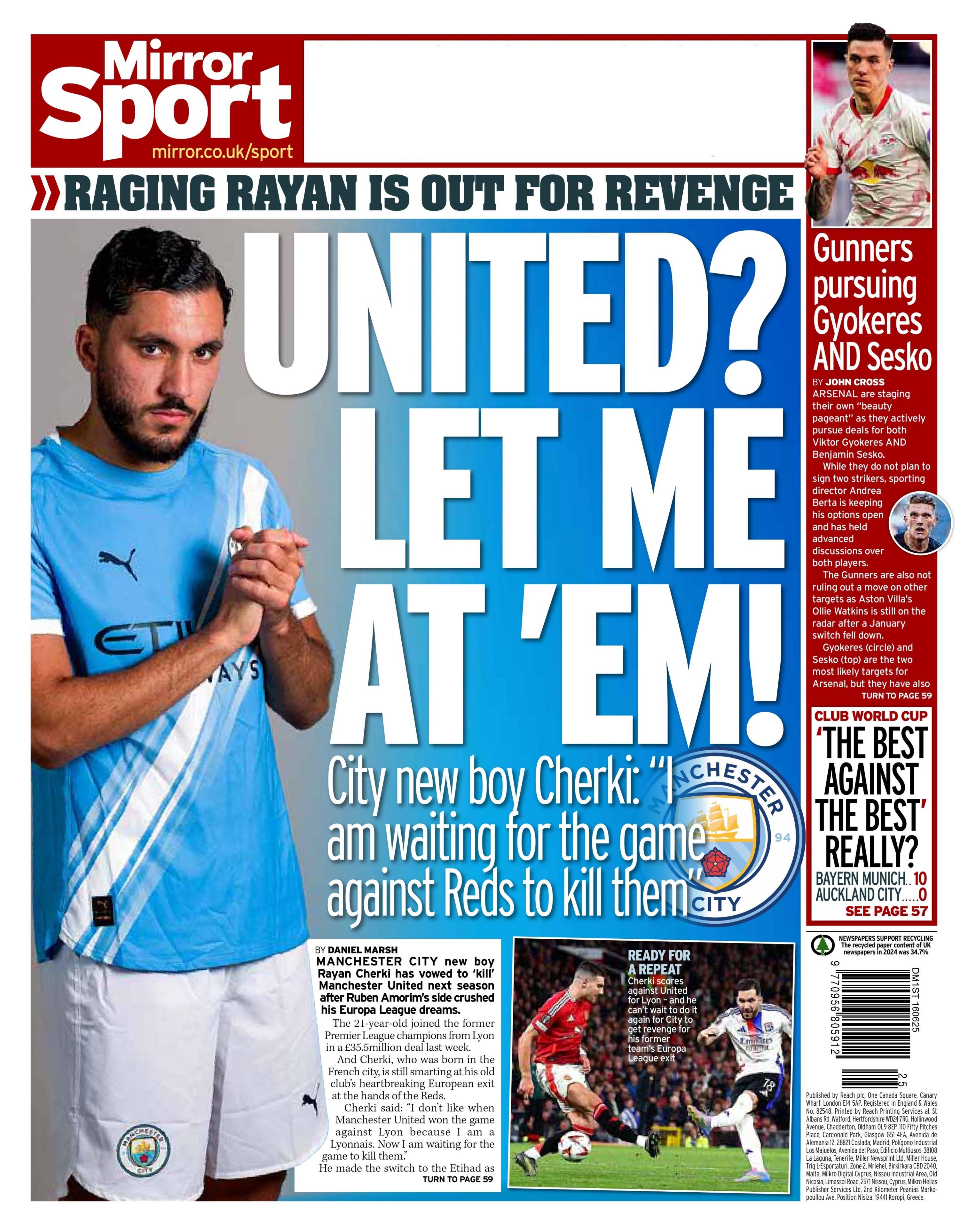 Back page of Monday's Daily Mirror
