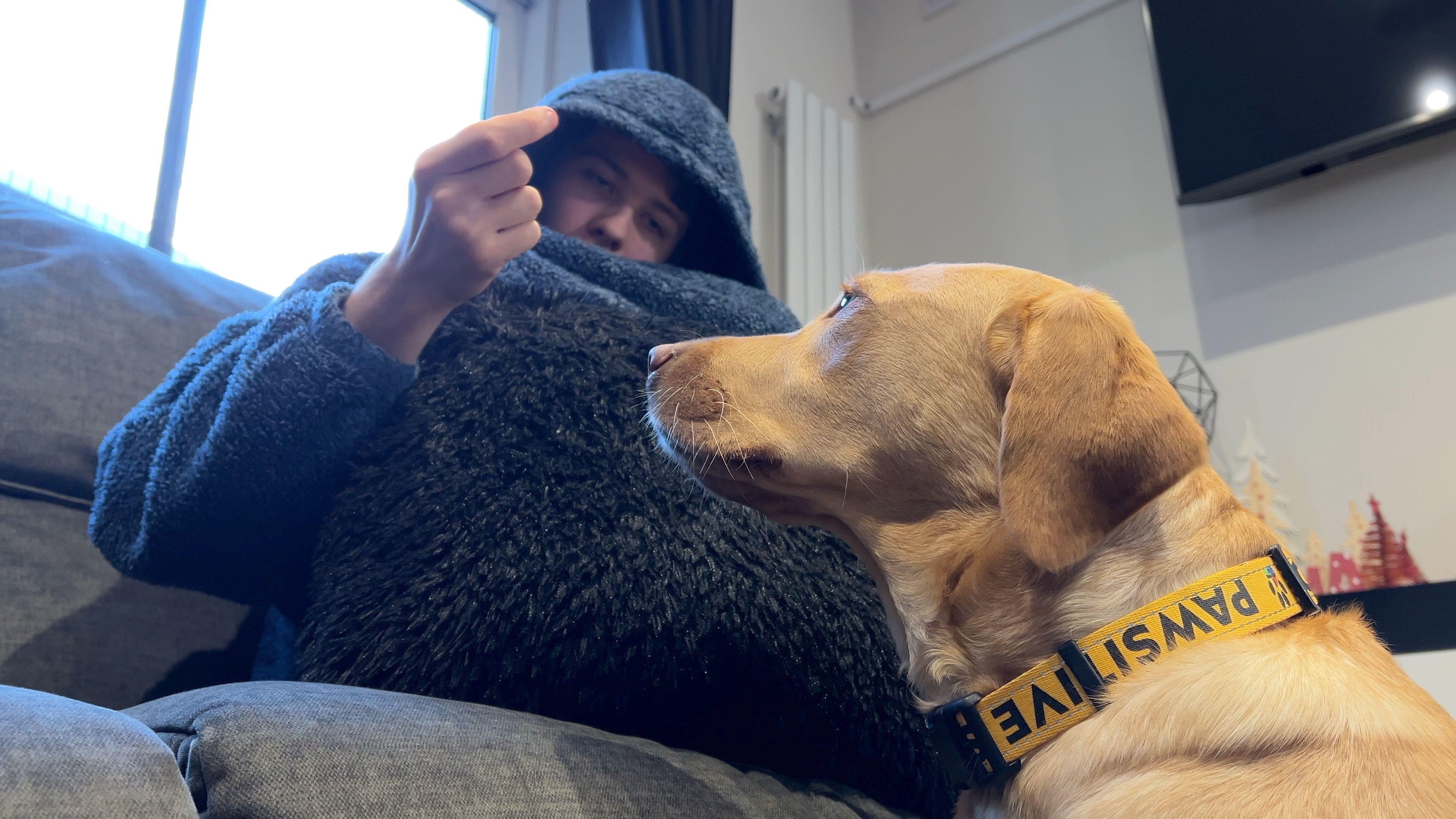 Teenager Ollie holds a treats for his assistance dog Lily