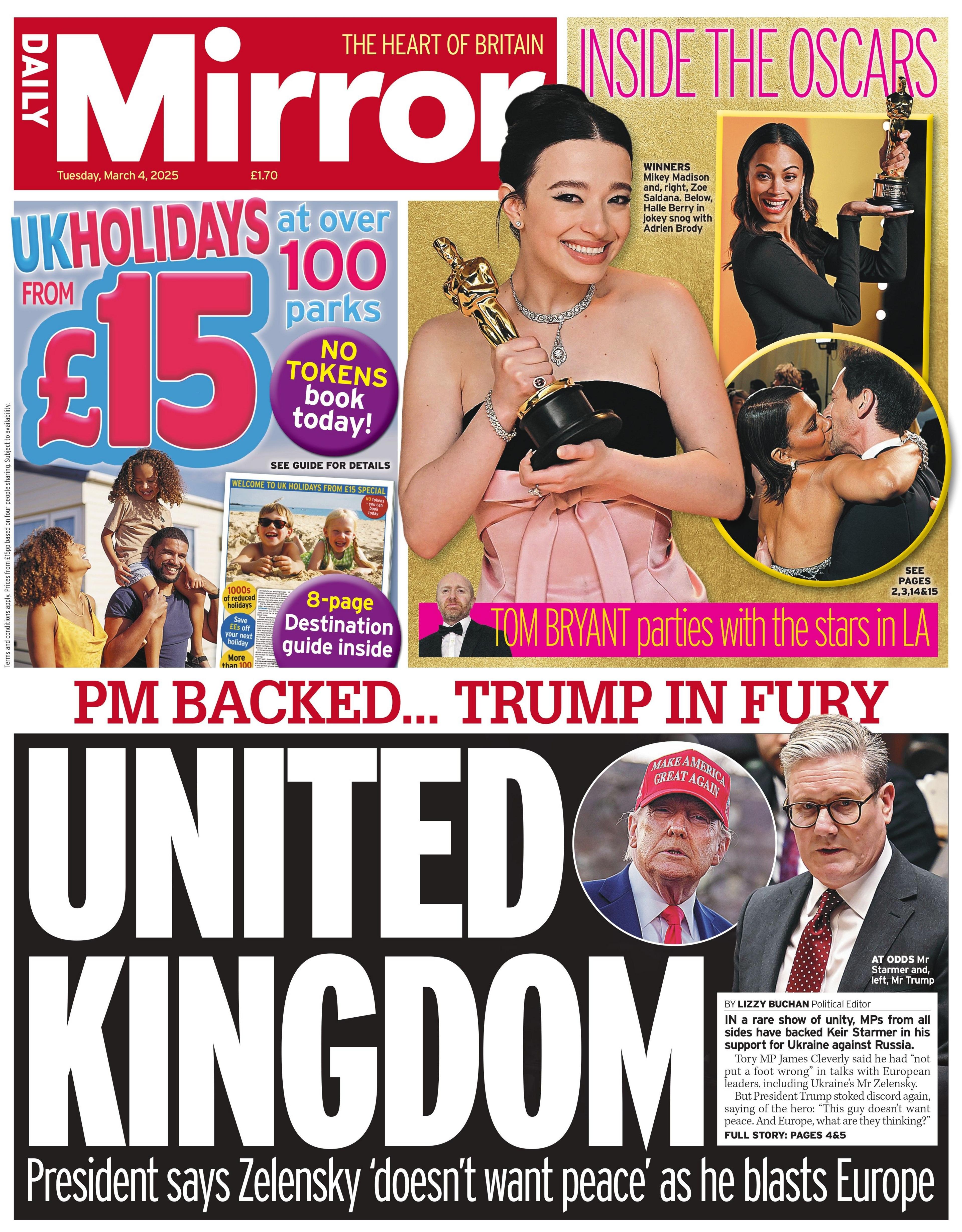 The headline on the front page of the Daily Mirror reads: "United Kingdom."