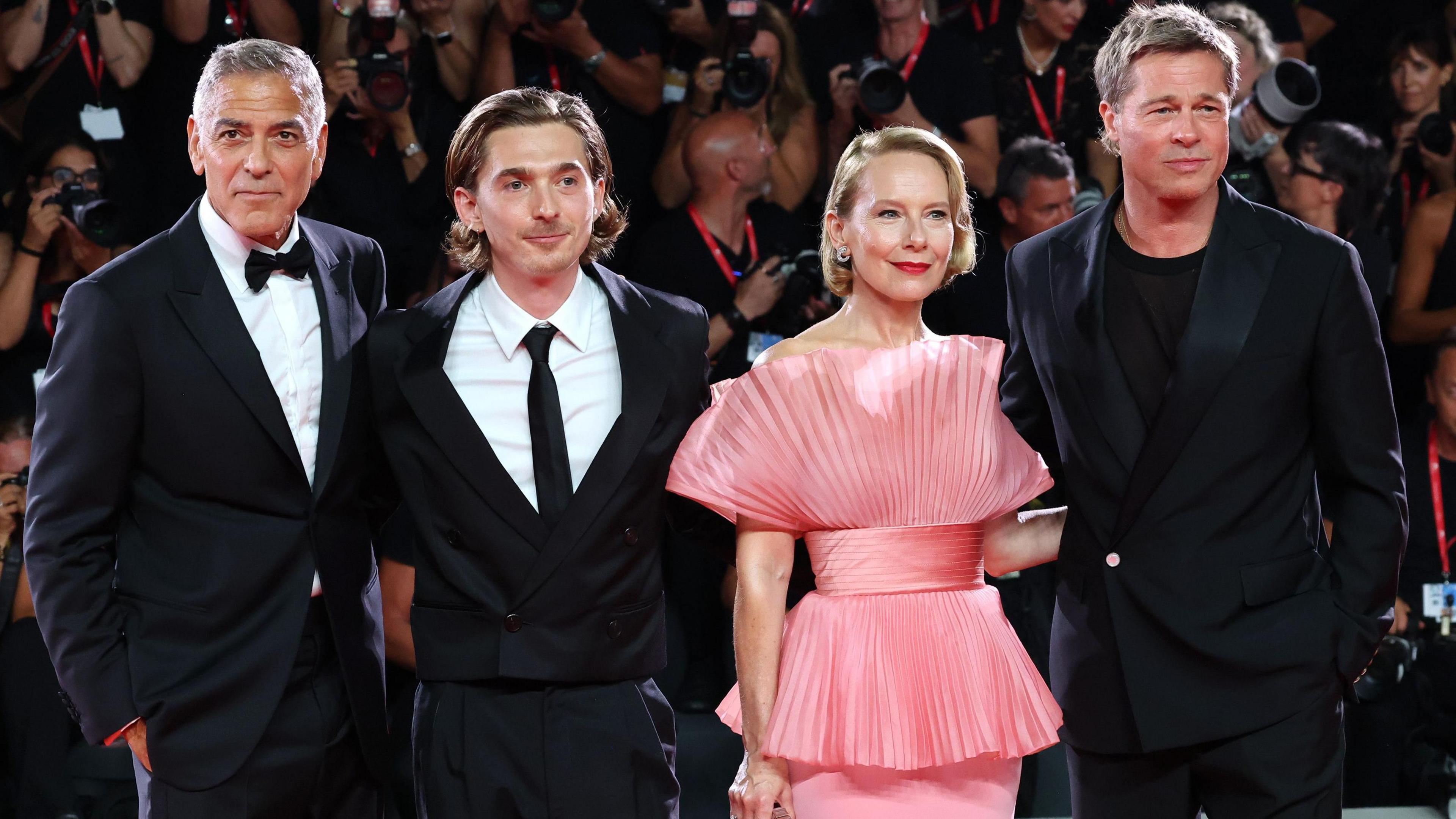 Brad Pitt, Amy Ryan, Austin Abrams and George Clooney arrive at the premiere of 'Wolfs' at the 81st annual Venice International Film Festival, in Venice, Italy, 01 September 2024. The movie is presented out of competition at the festival running from 28 August to 07 September 2024