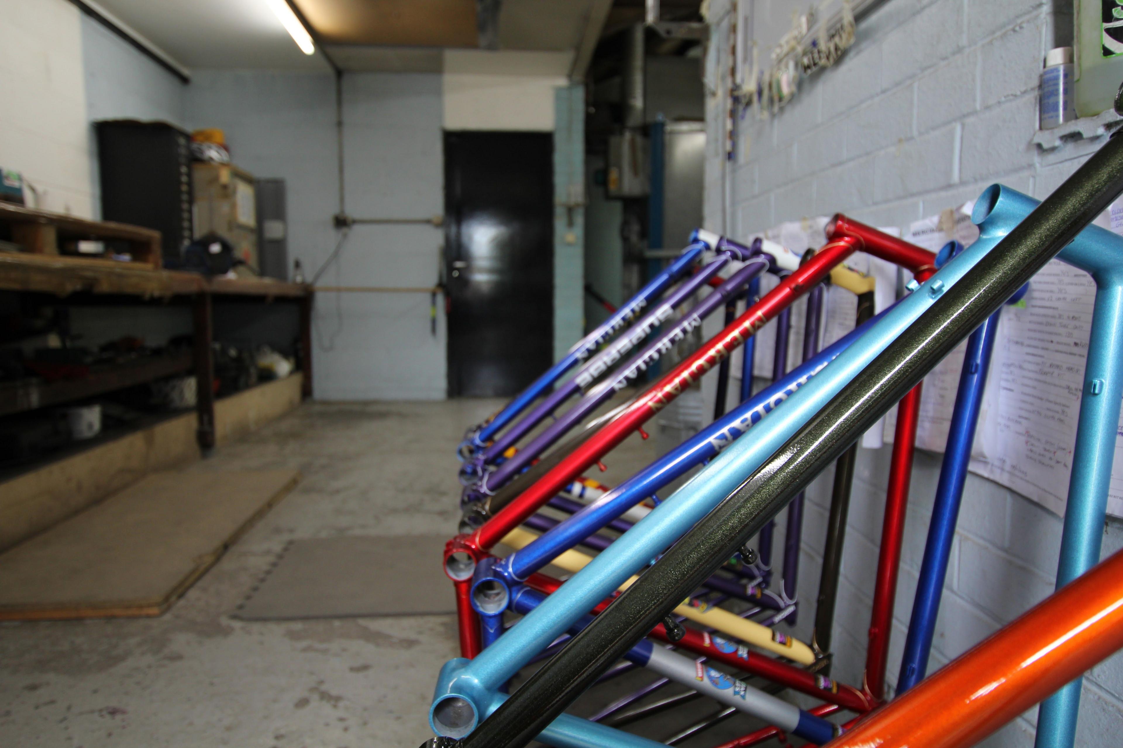 Bike frames at the Mercian Cycles workshop in 2015