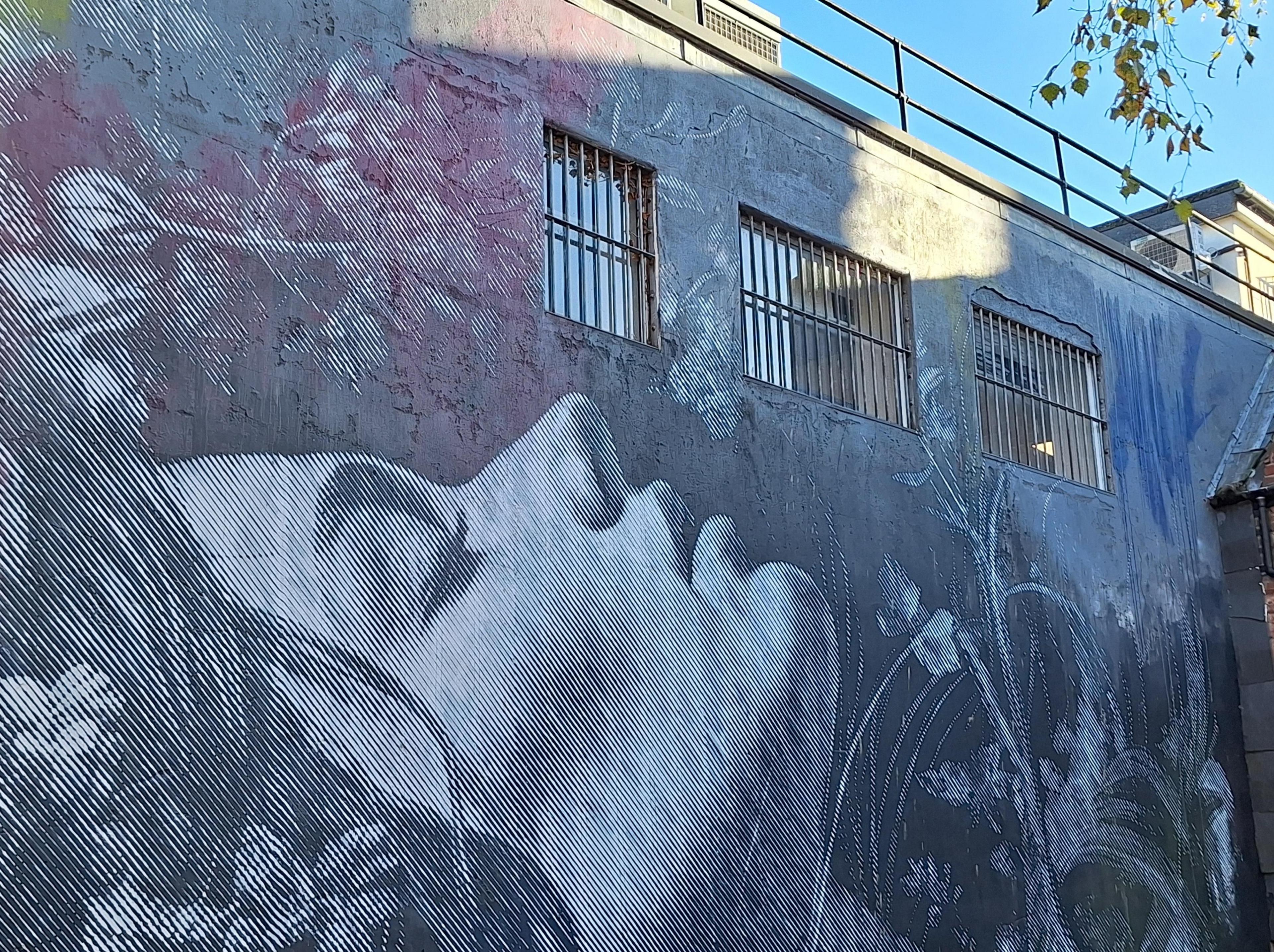 The back wall of a modern commercial building has three barred windows at  the top, under and around which a mural has been painted in a photo-realistic style of a sleeping woman with flowers and plants growing around her,  