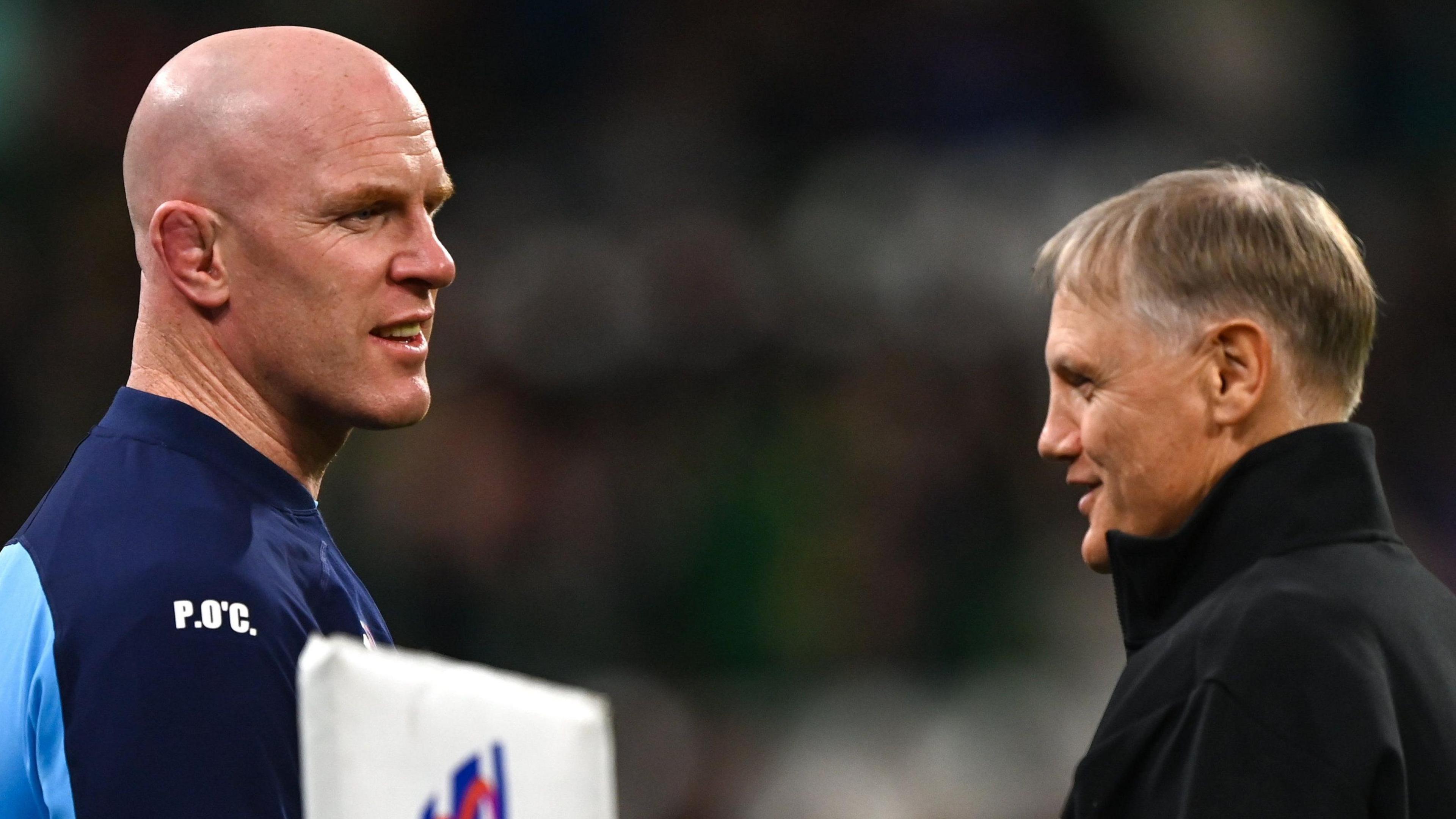 Paul O'Connell and Joe Schmidt speak before Ireland v New Zealand at last year's Rugby World Cup