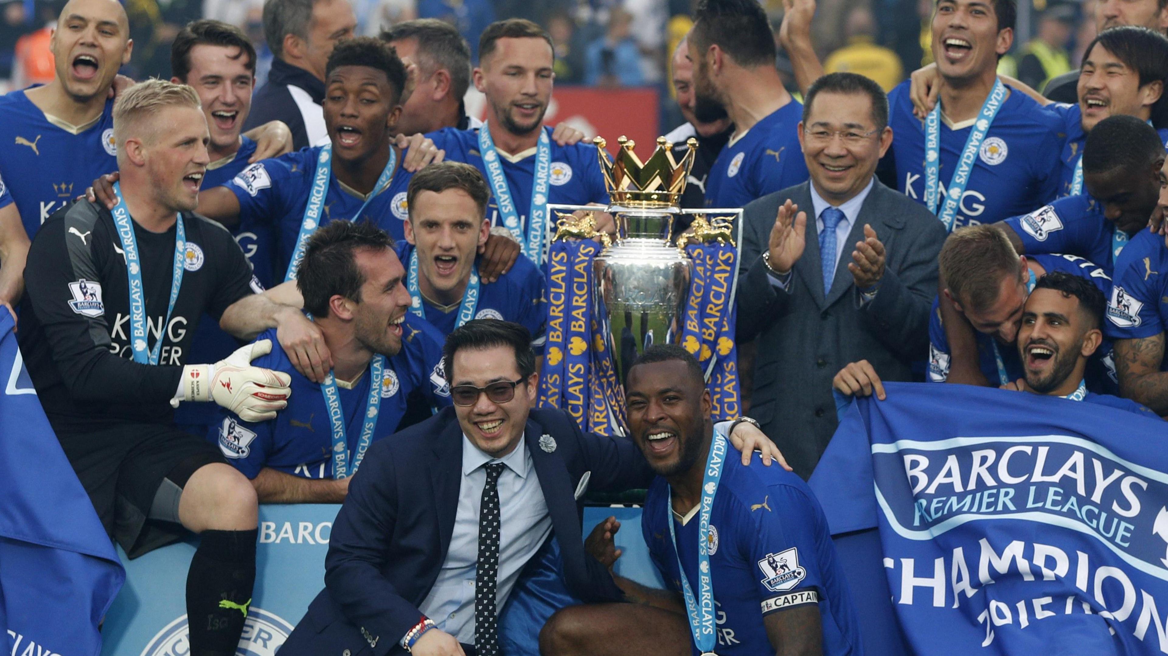 Leicester celebrate their title win at the end of the 2015-16 season.