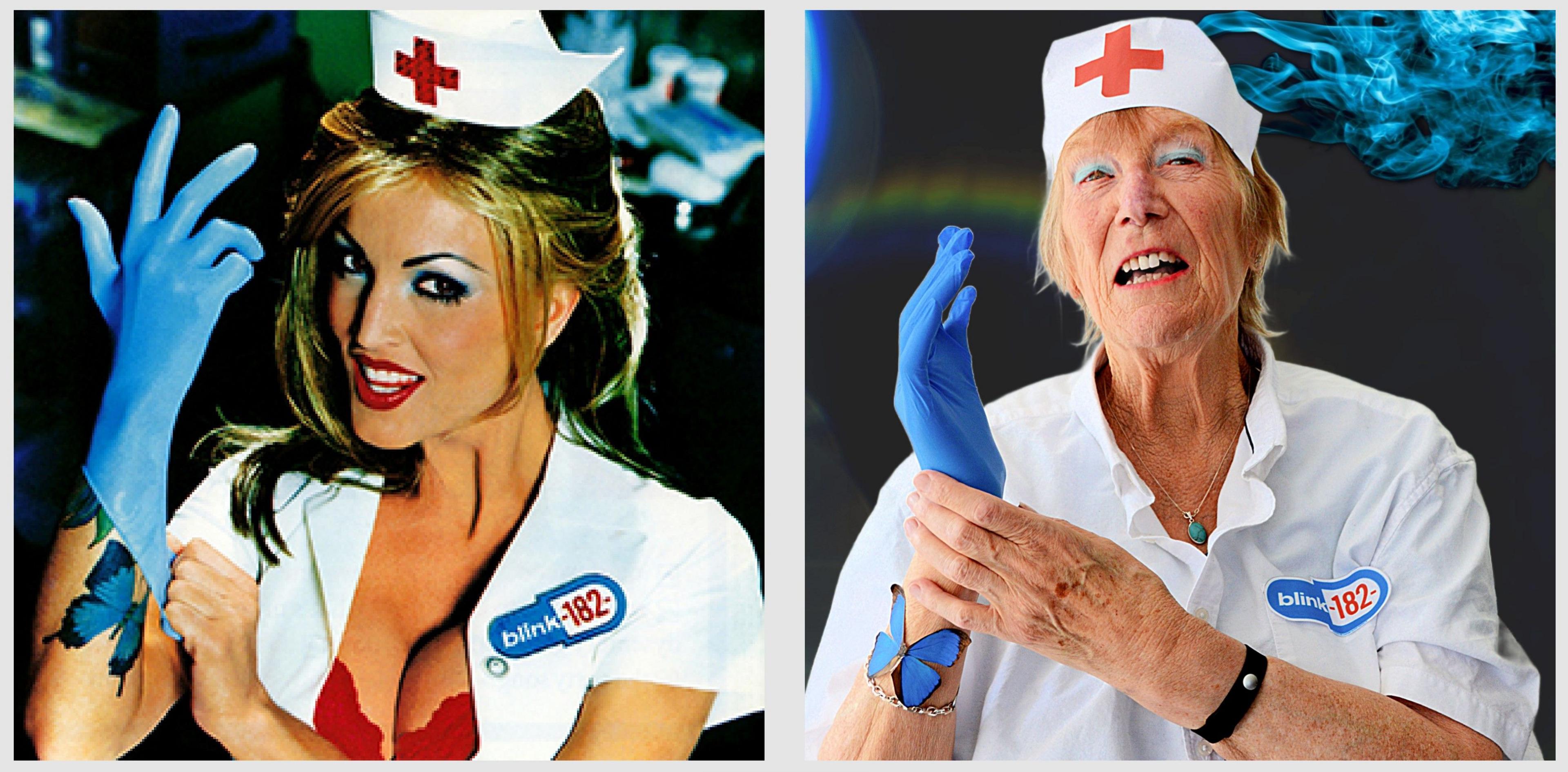 A mature woman recreates the album cover of Blink-182's Enema of the State, which is a younger blonde woman in a fancy dress nurse's outfit, putting on a blue glove