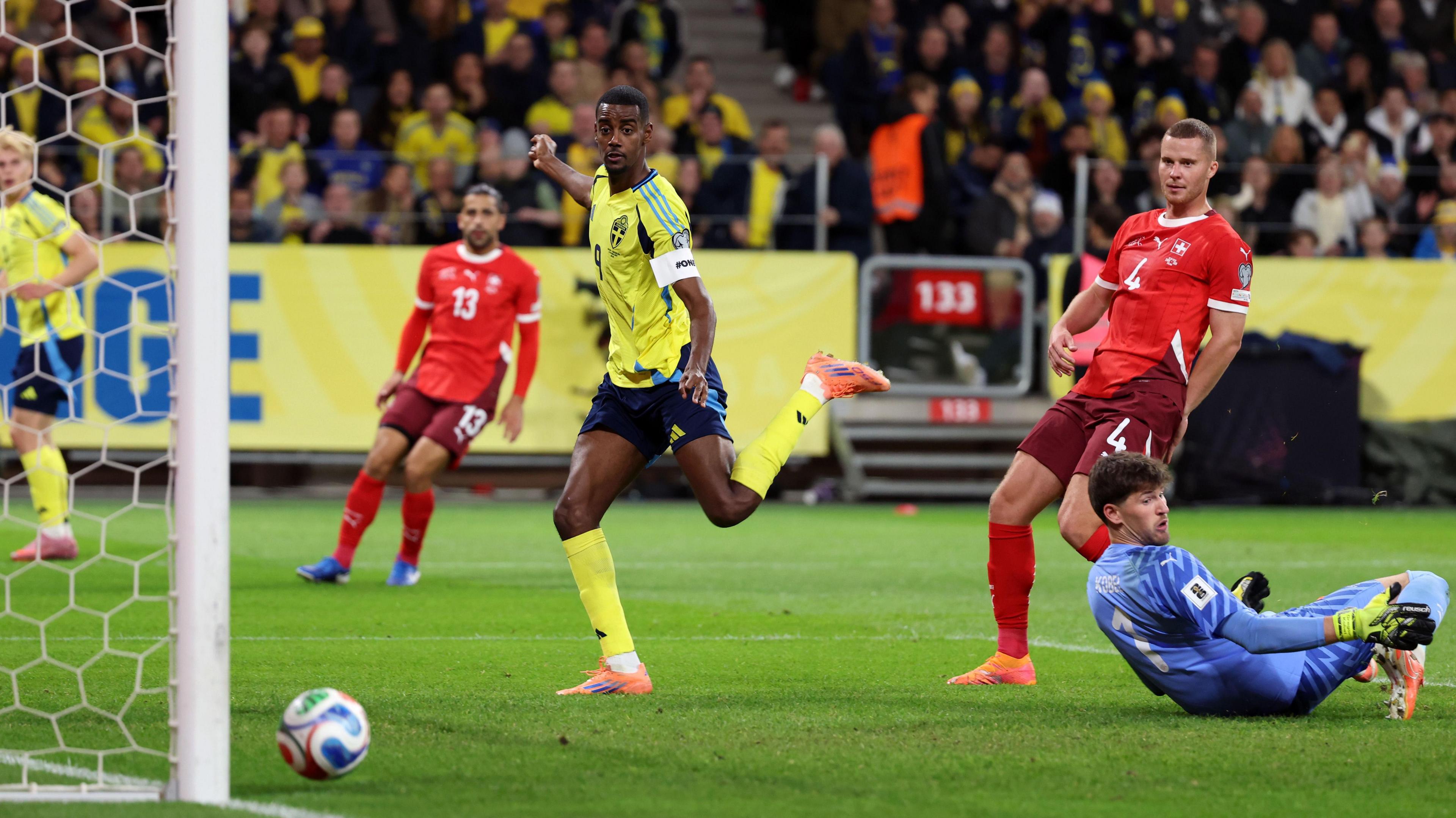 Sweden's Alexander Isak hitting the post against Switzerland