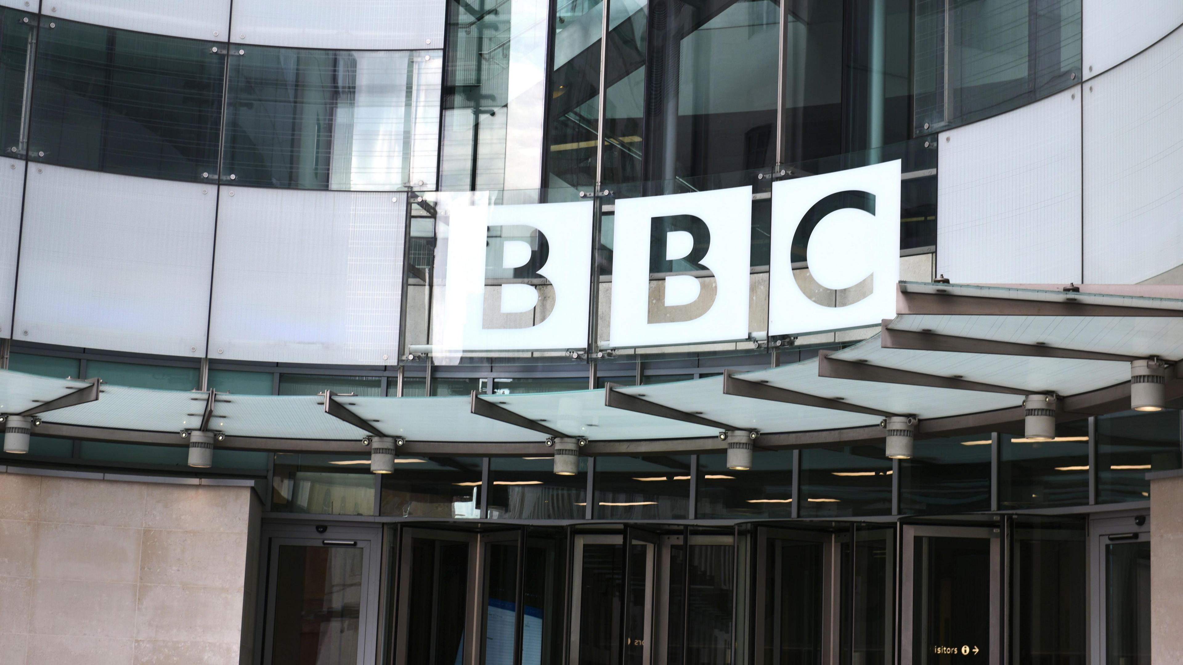 BBC Broadcasting house - the front with the BBC logo.