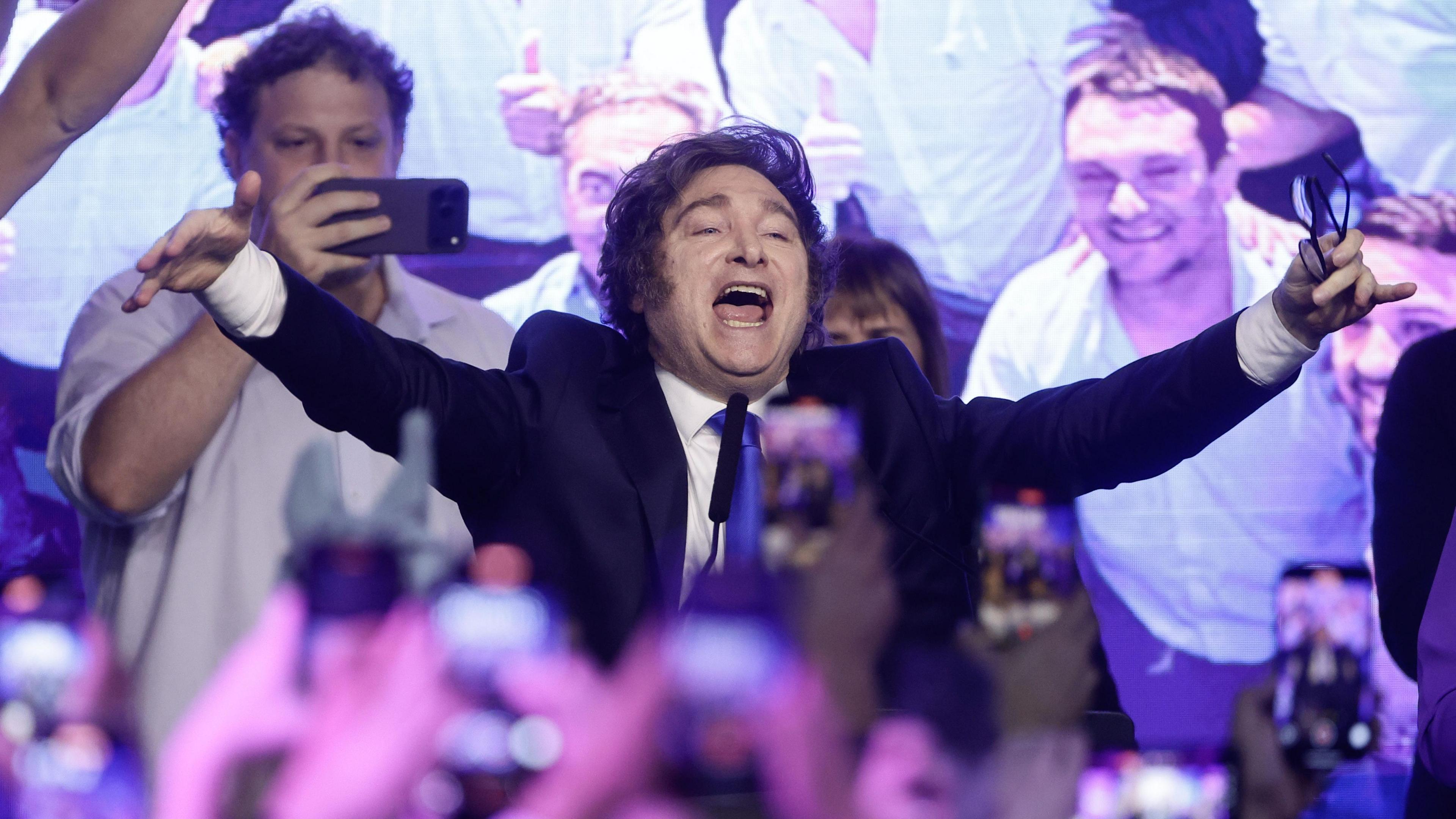 Argentine President Javier Milei celebrates after learning the results of the legislative elections in Buenos Aires, Argentina, 26 October 2025. 