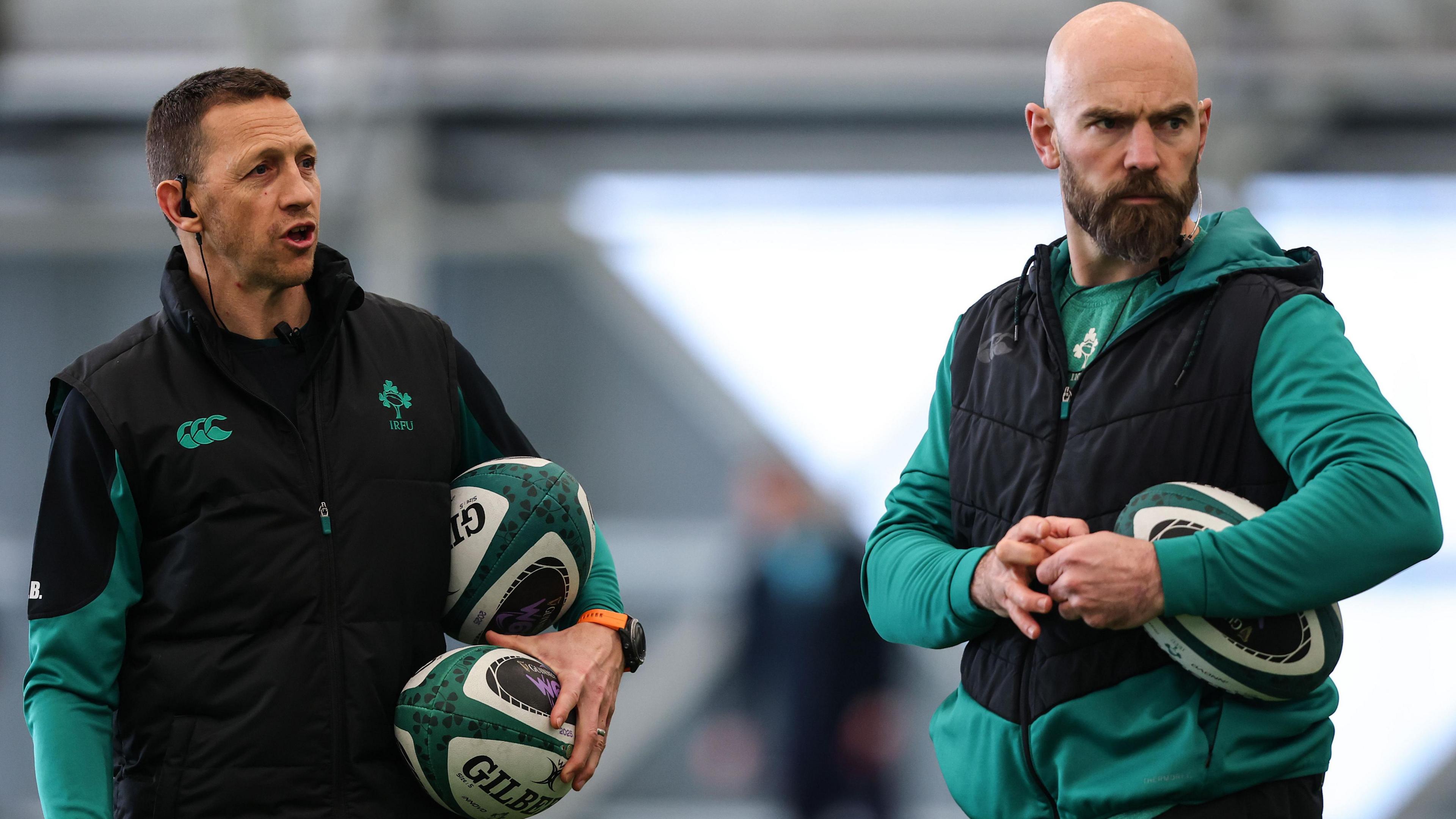 Ireland coach Scott Bemand (left) and Hugh Hogan (right) at Ireland training in Dublin on Tuesday