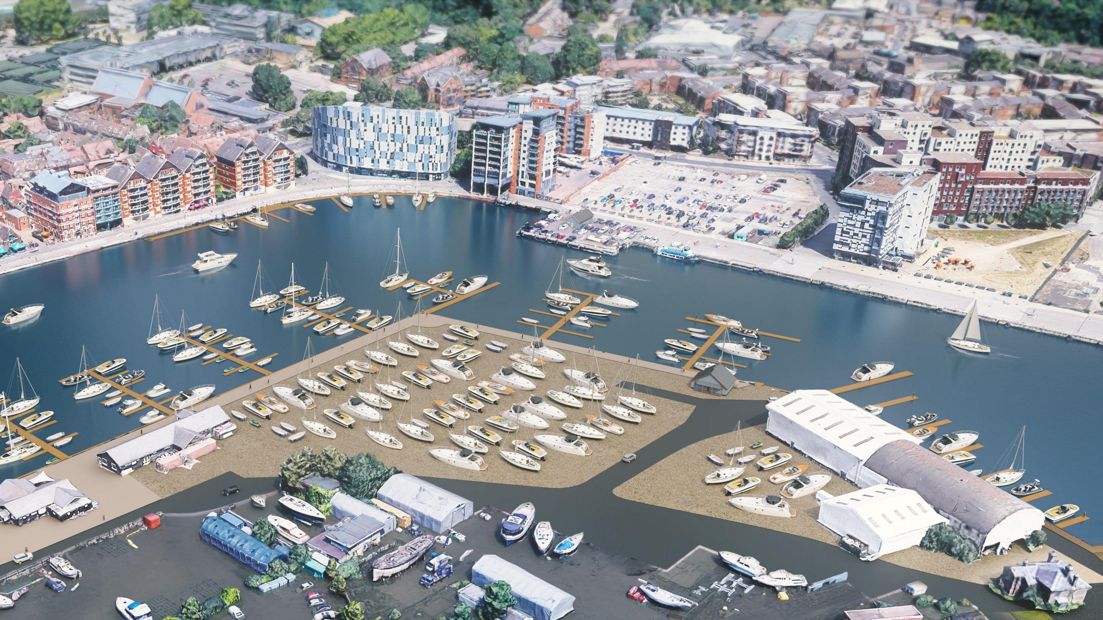 A CGI image of proposed plans and upgrades to Ipswich Marina. It shows the plans from above and animated boats can be seen moored up. Other animated versions of Ipswich buildings in the area can be seen on the waterfront.