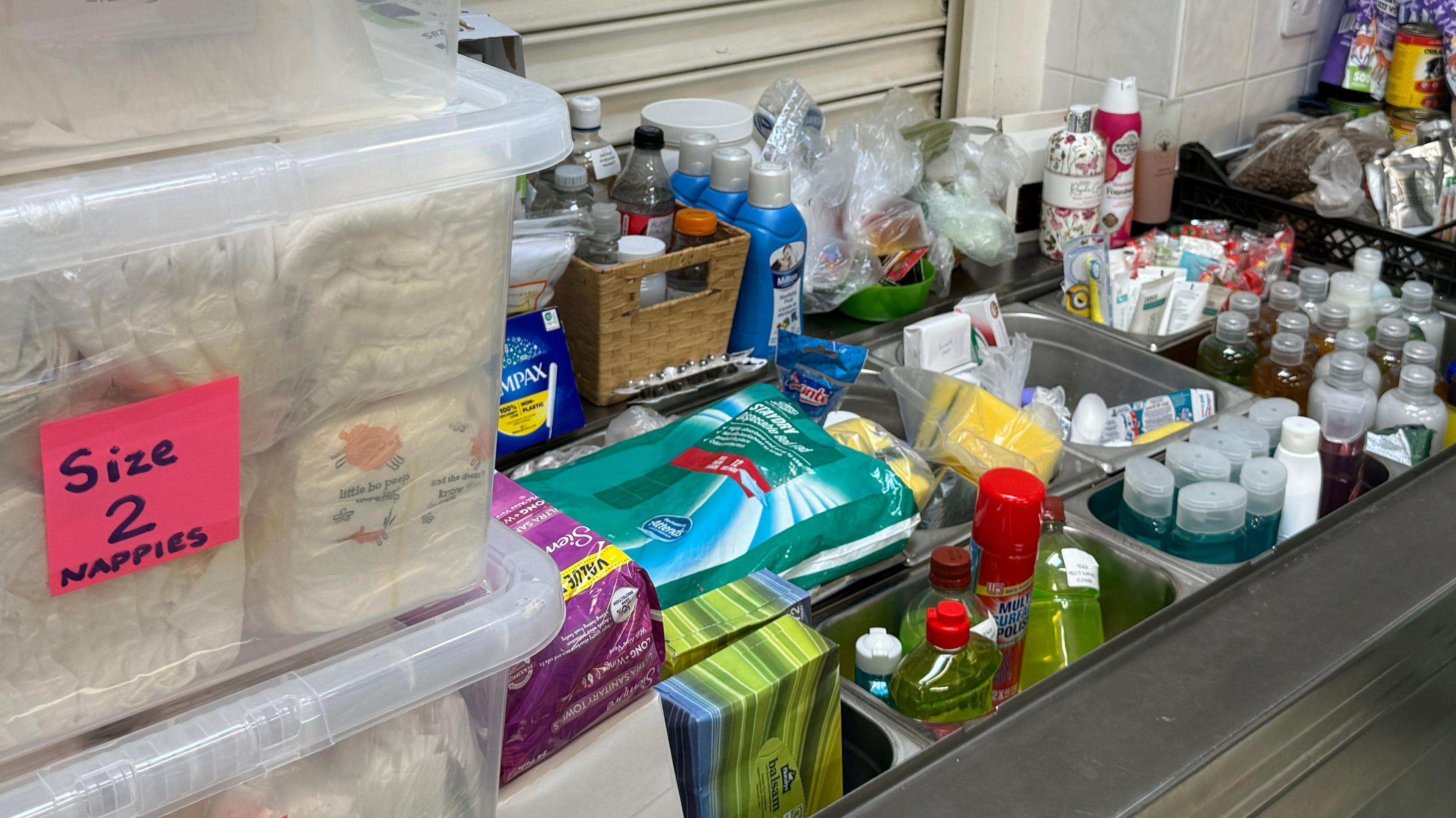 Bottles of cleaning products and hygiene items including body wash, shampoo and conditioner. 