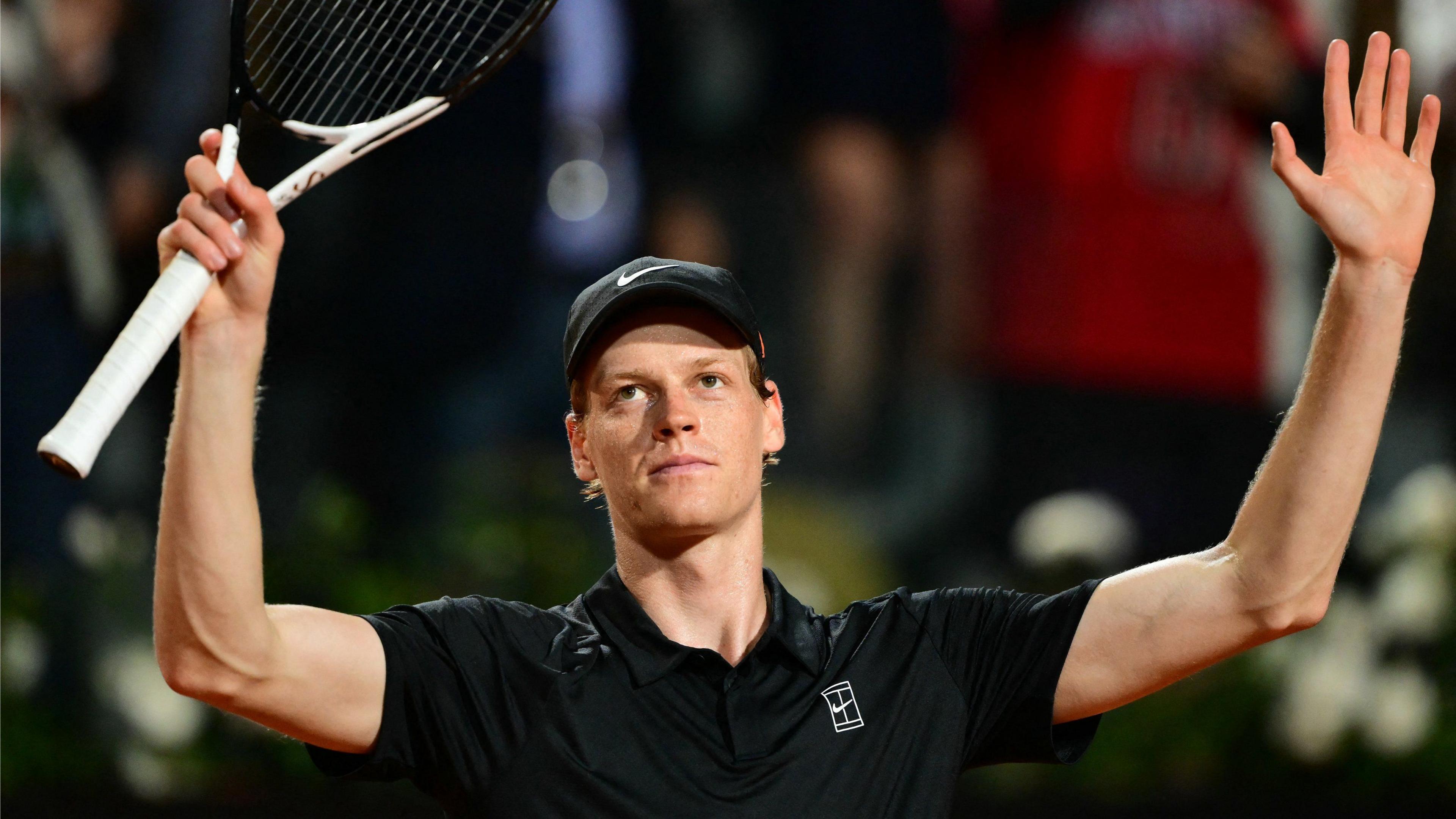 Jannik Sinner celebrates after his comeback win at the Italian Open